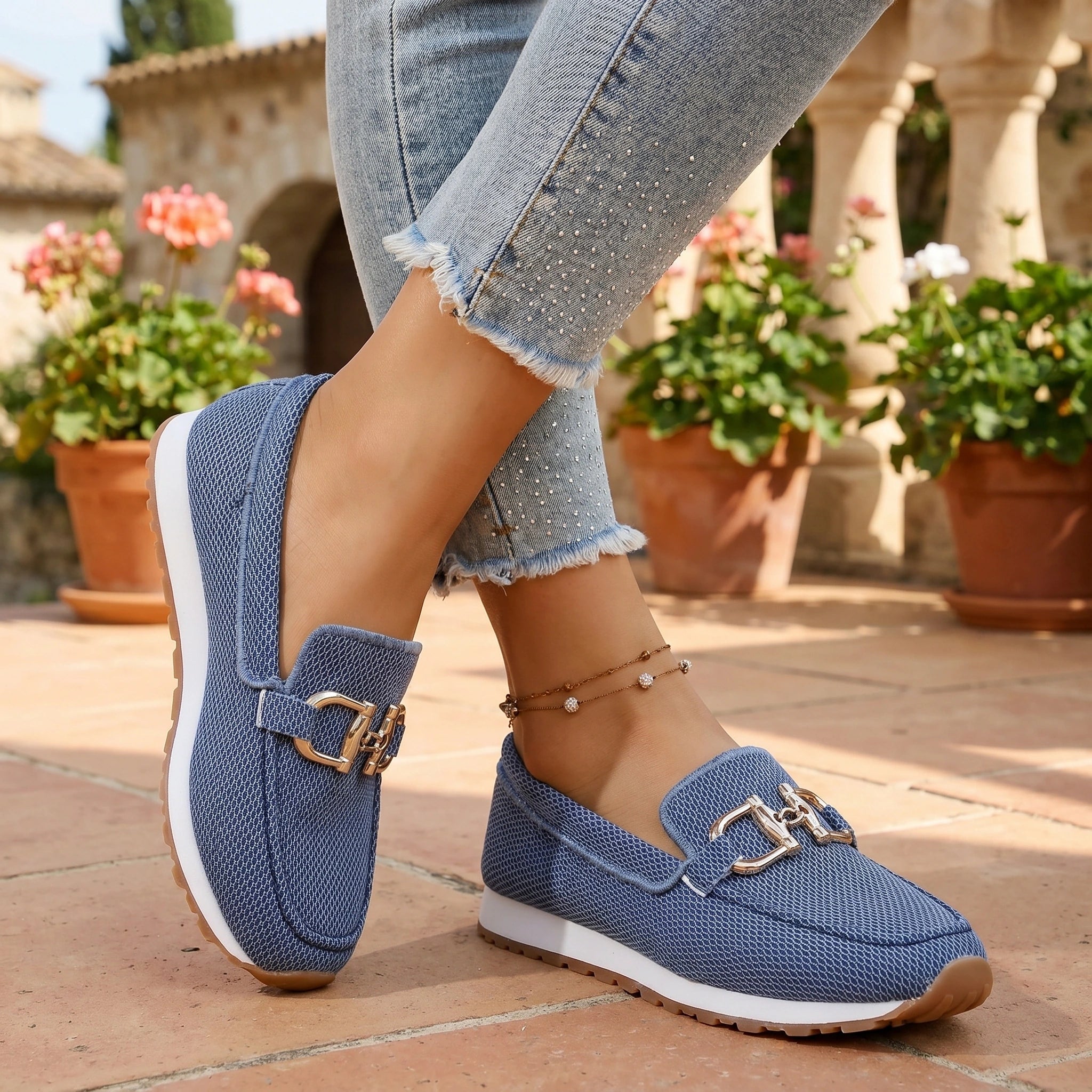 Close up view showing the breathable fabric and precise stitching details of the women's summer orthopedic loafers in a soft neutral tone.