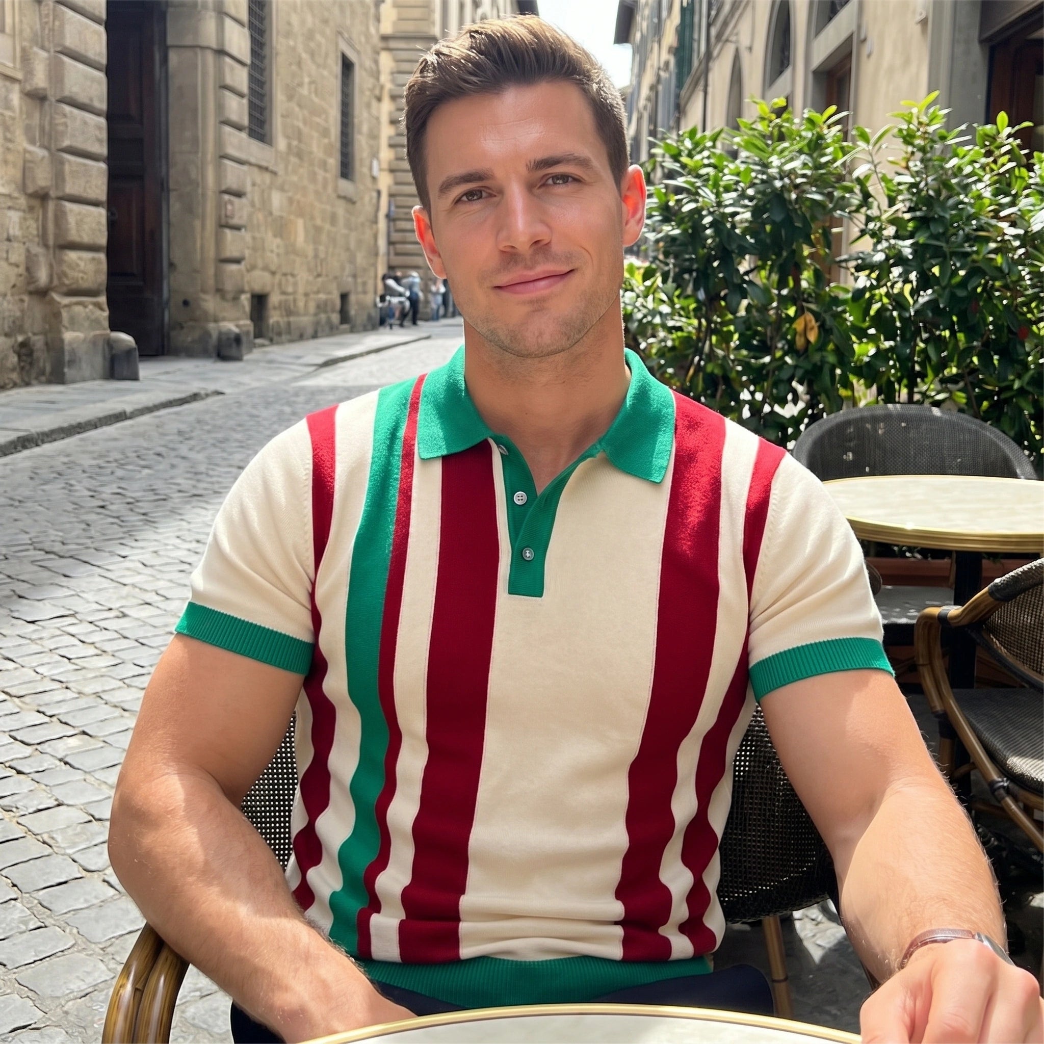 Close up view of the Mens Slim Knit Polo Shirt showing fine stitching and soft fabric texture, emphasizing its refined craftsmanship and appeal.