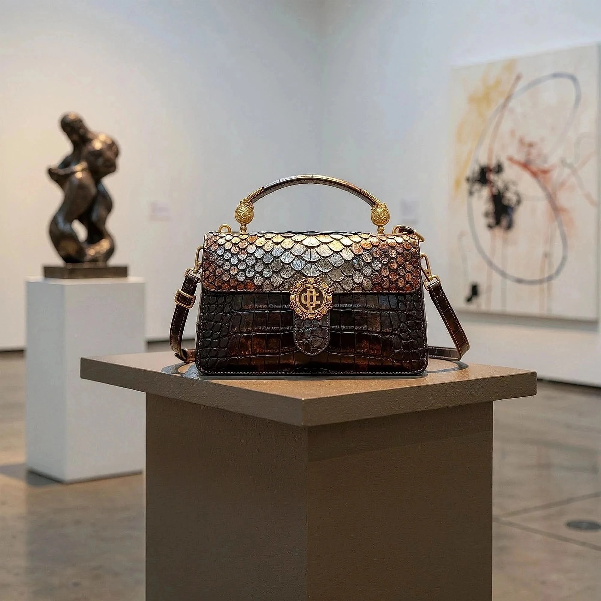 View of an elegant cowhide handbag for women, featuring a rich brown color and textured leather finish