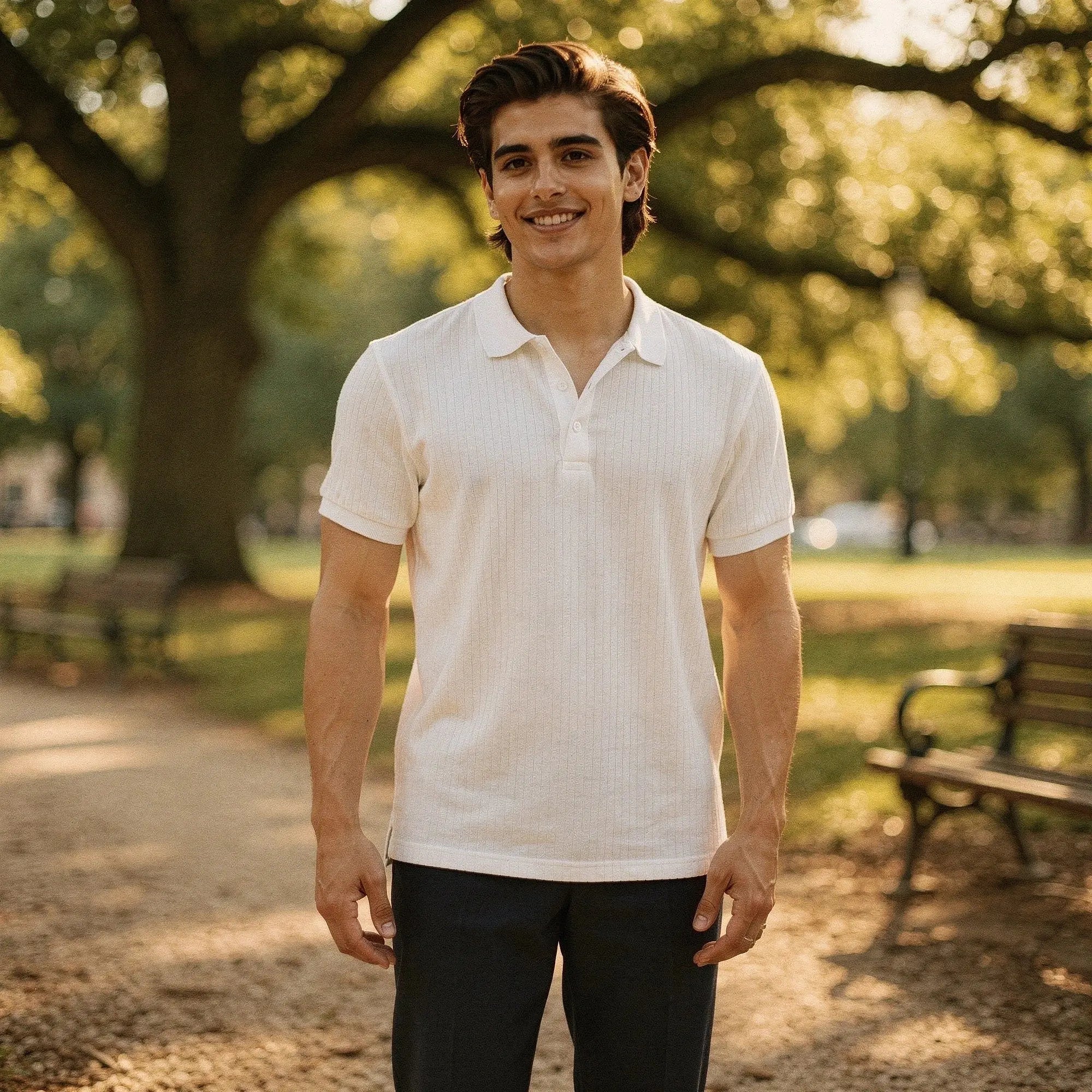 View of a slim fit short sleeve polo t shirt in light blue, made from breathable cotton, showcasing a classic collar and subtle stitching