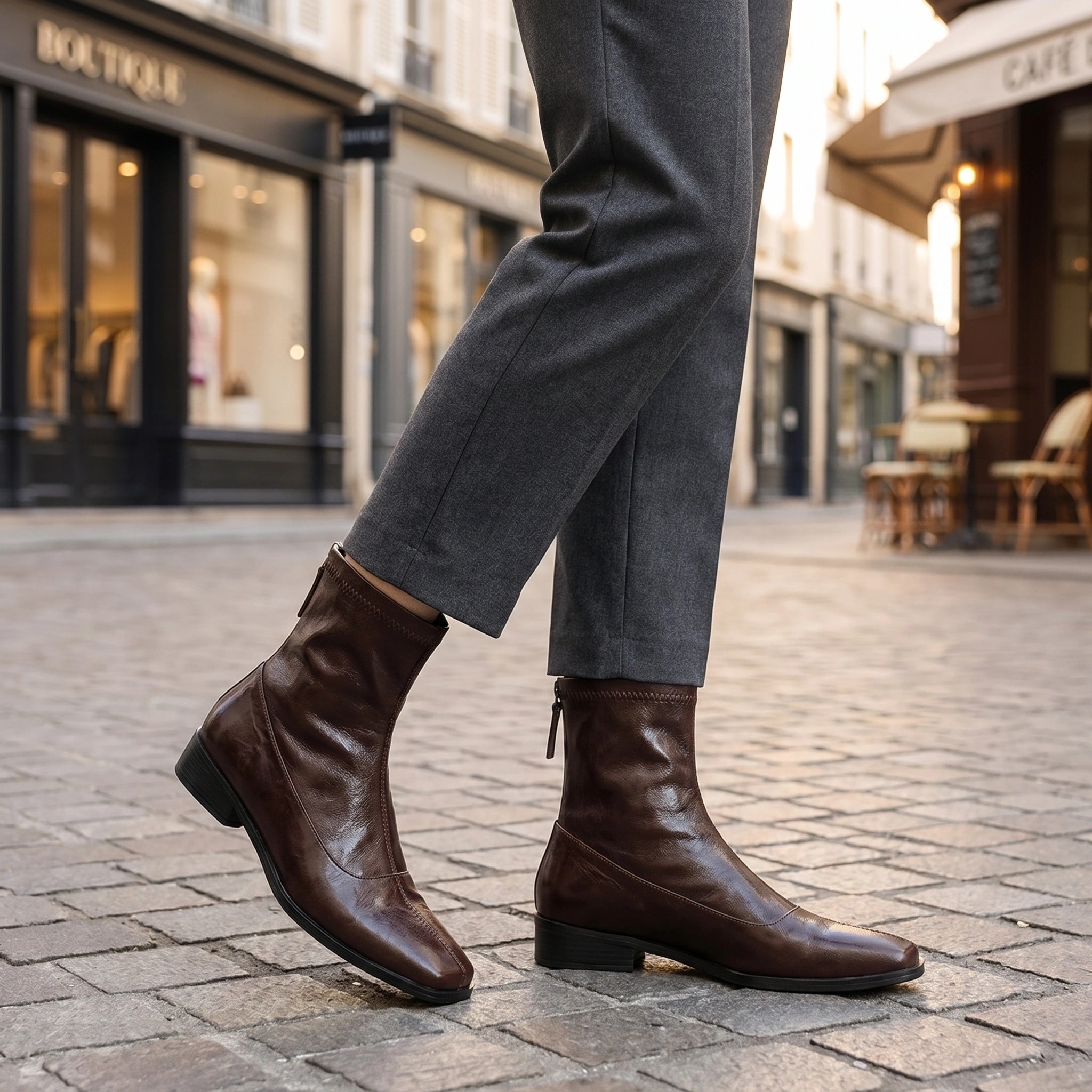 Back view of women's modern ankle boots showing sleek construction details, showing a black finish against a neutral background.