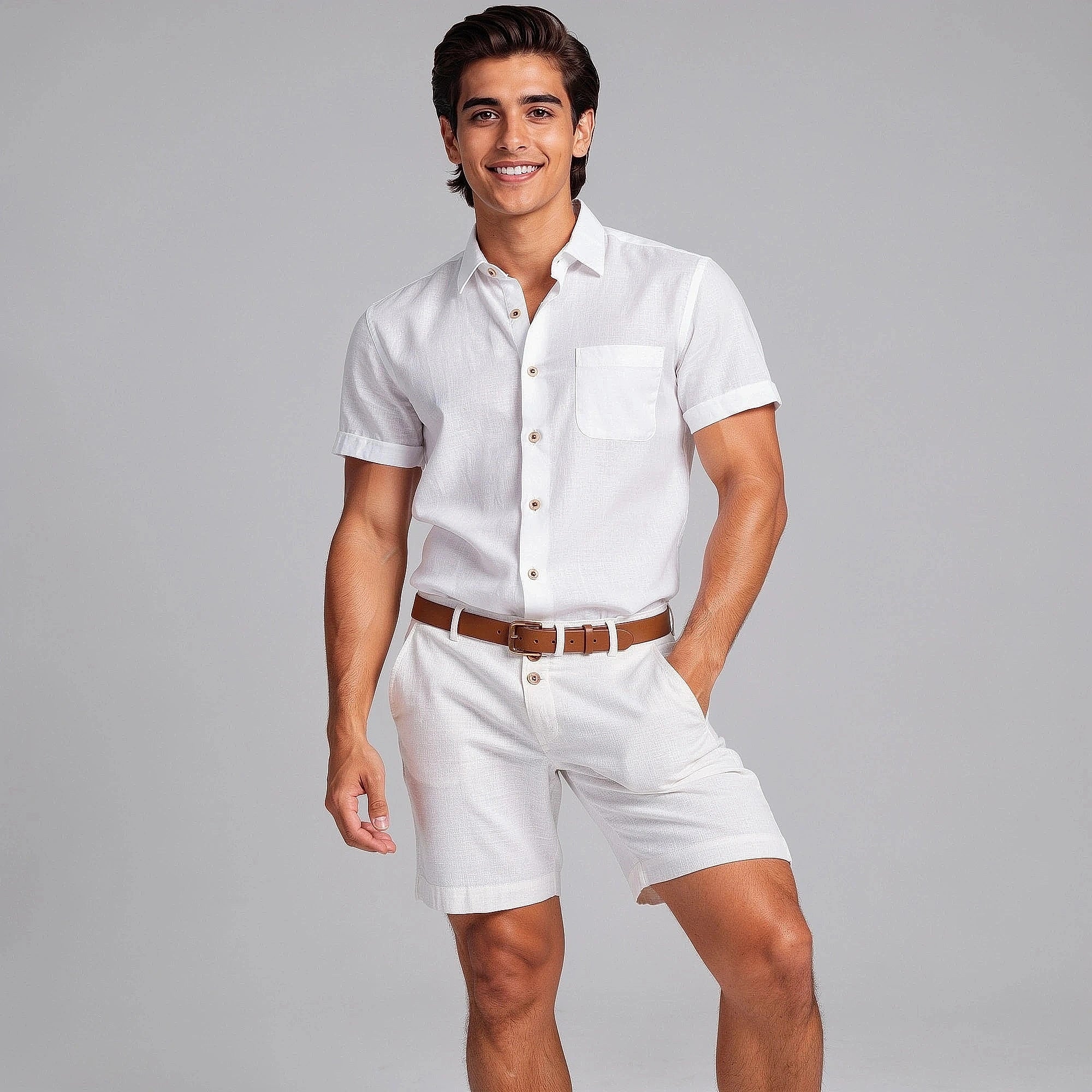 View of tailored linen knee length shorts in light beige, featuring pockets and a relaxed fit