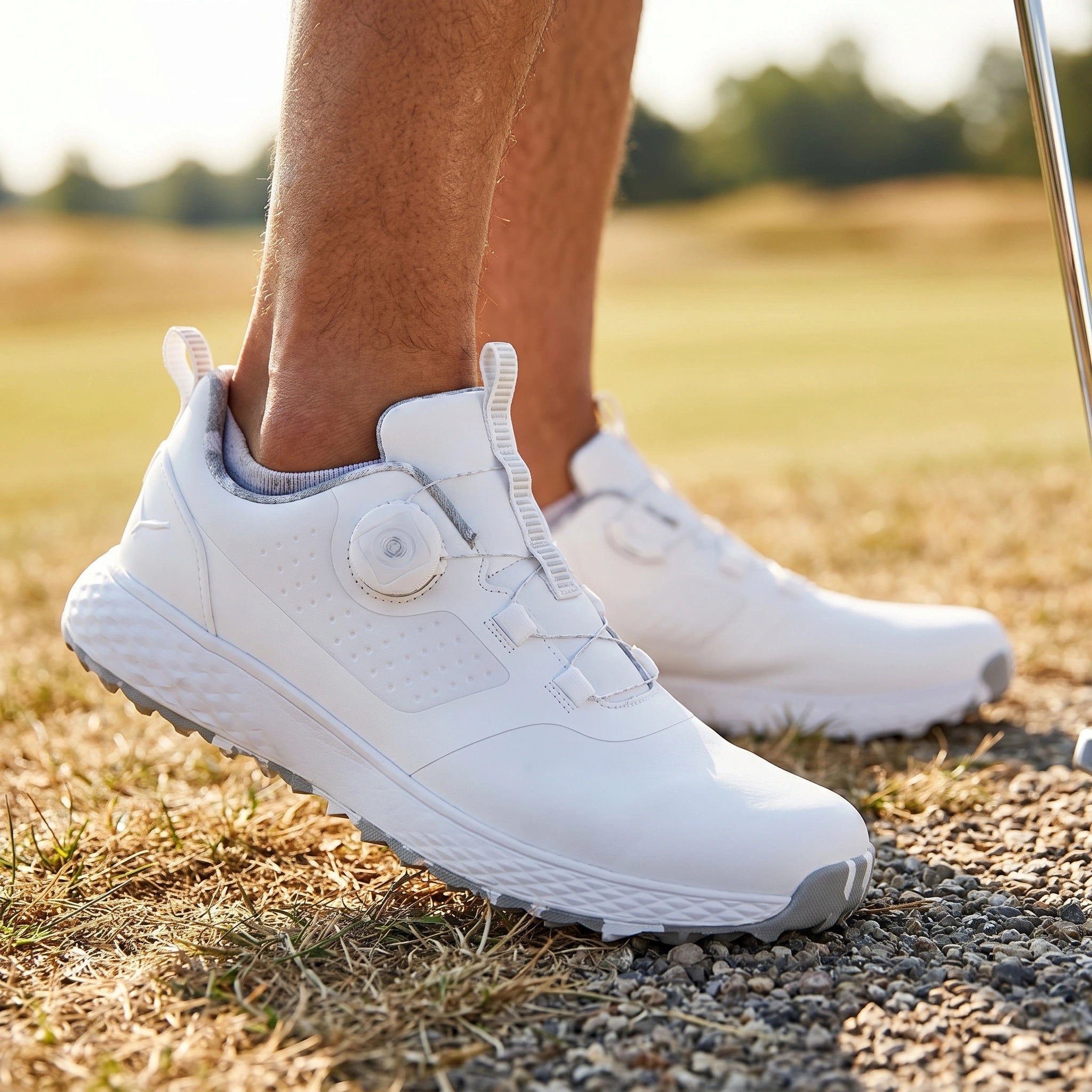 Close up view of the men's waterproof casual golf sneakers showing the breathable fabric, detailed stitching, and sleek design ideal for outdoor activities.
