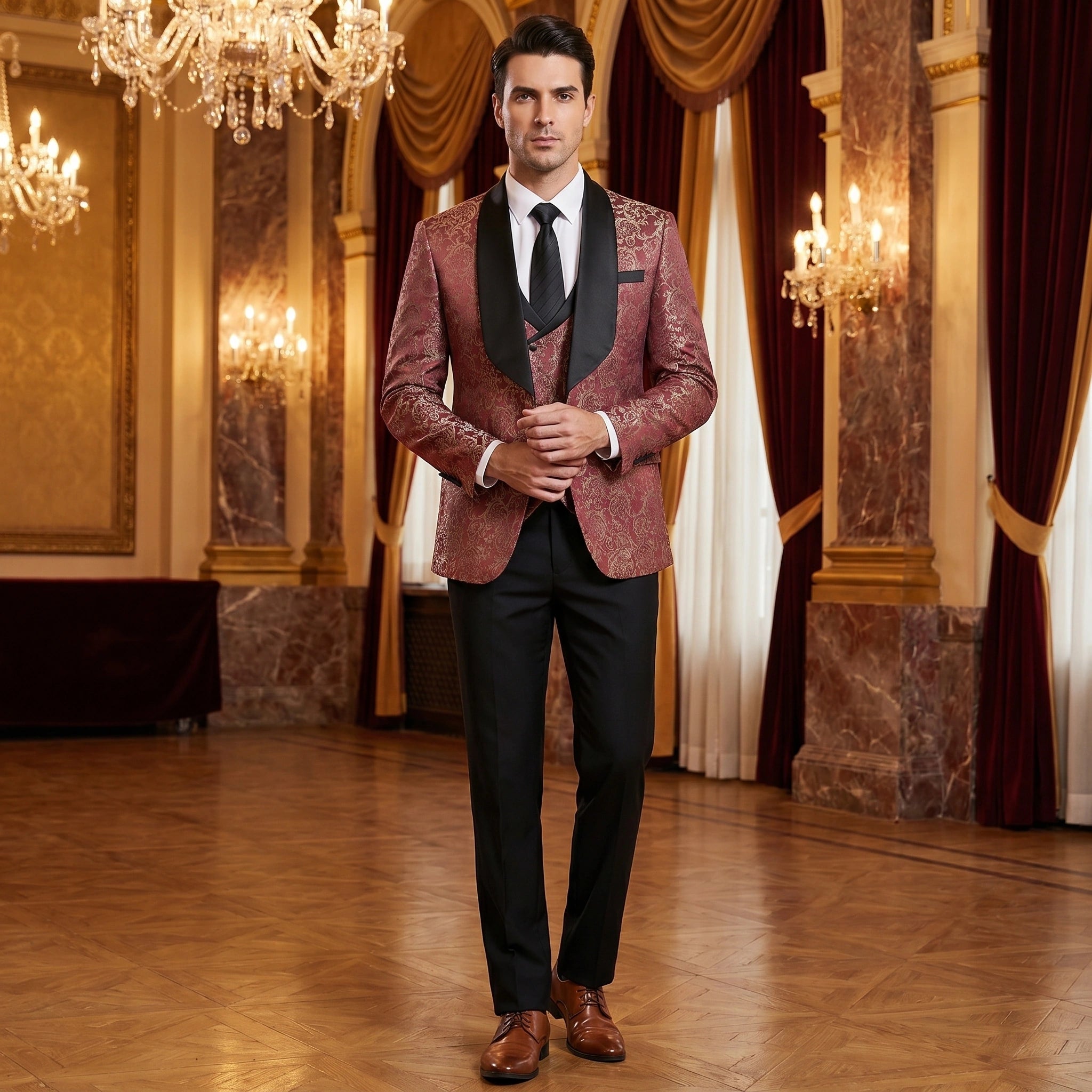 Close up of the mens slim four seasons suit showing the fine fabric texture and precise stitching, set against a neutral background.