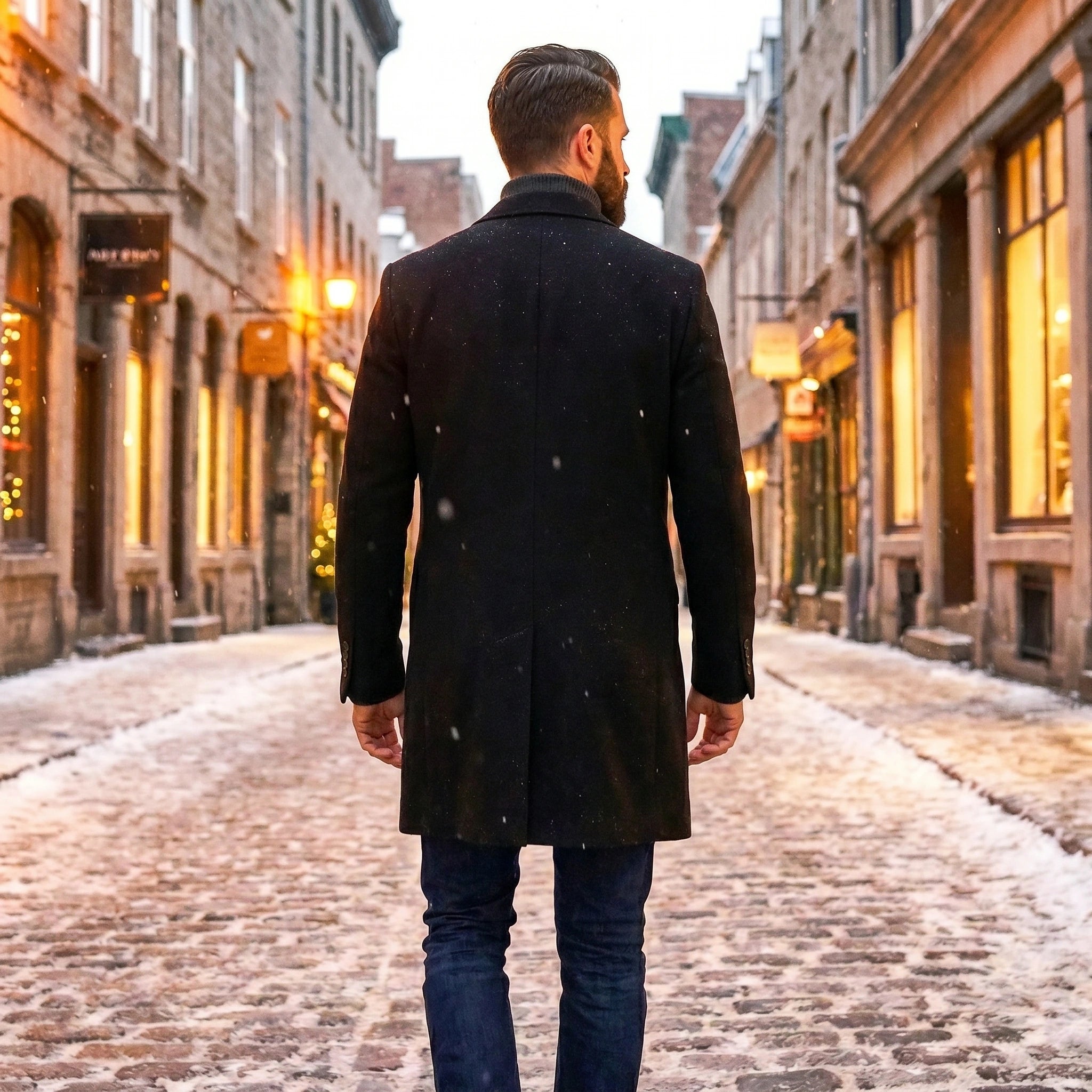 A model showcases a mens classic tailored winter overcoat in a deep navy color, styled with a crisp white shirt against a neutral background.