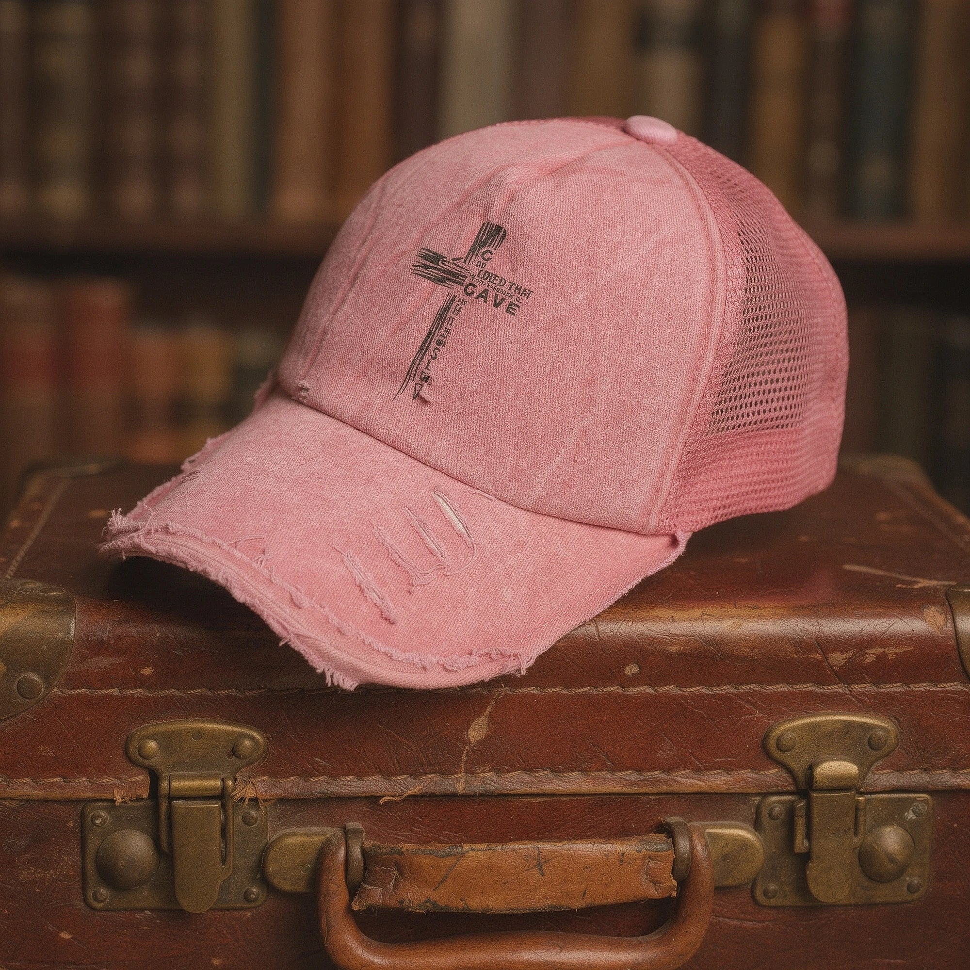 Light pink summer baseball cap made of breathable fabric, featuring a curved brim and adjustable strap, view