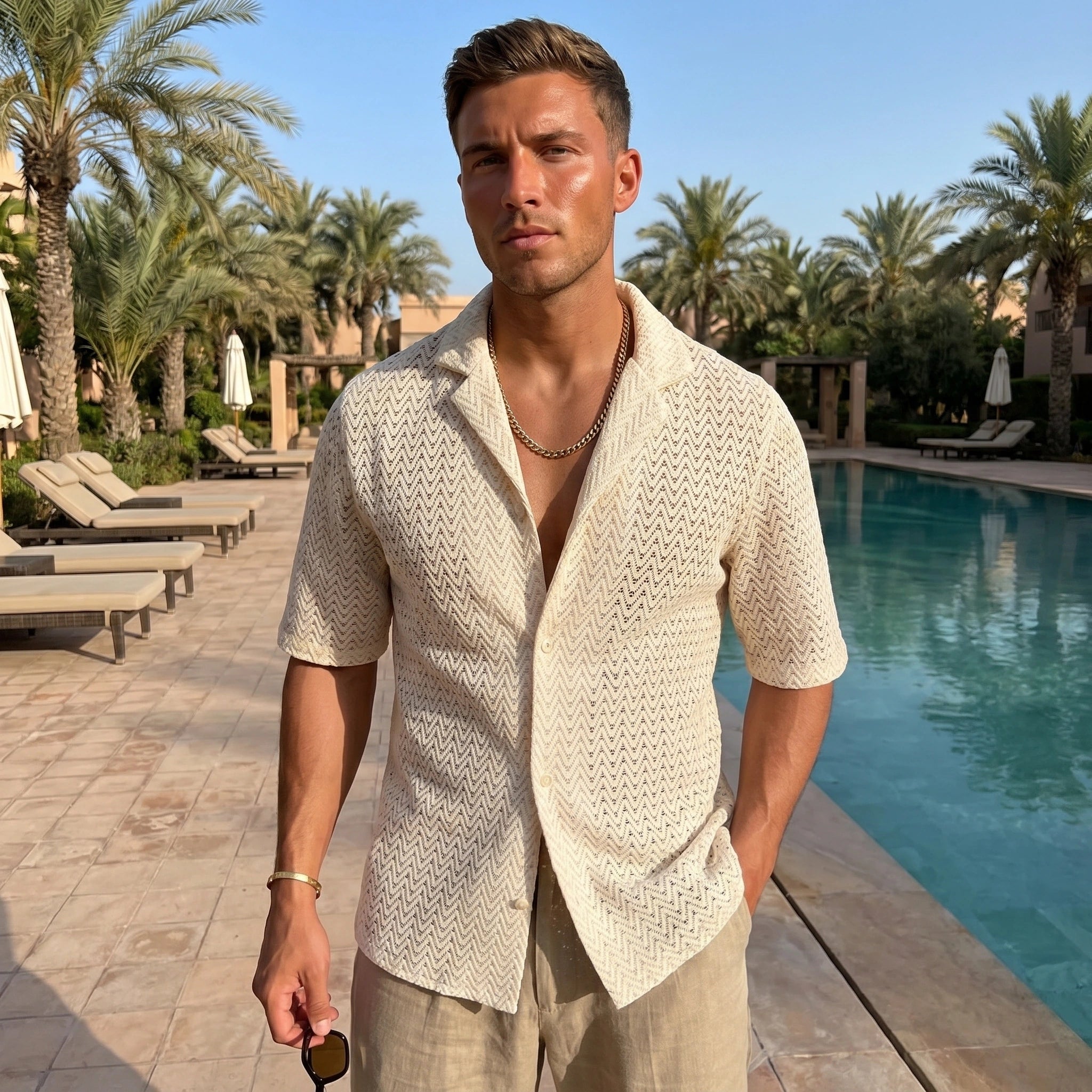 Back view of a model showing the Mens Sleek Sophisticated Summer Shirt in a light color, showing its tailored fit and construction details against a neutral background.