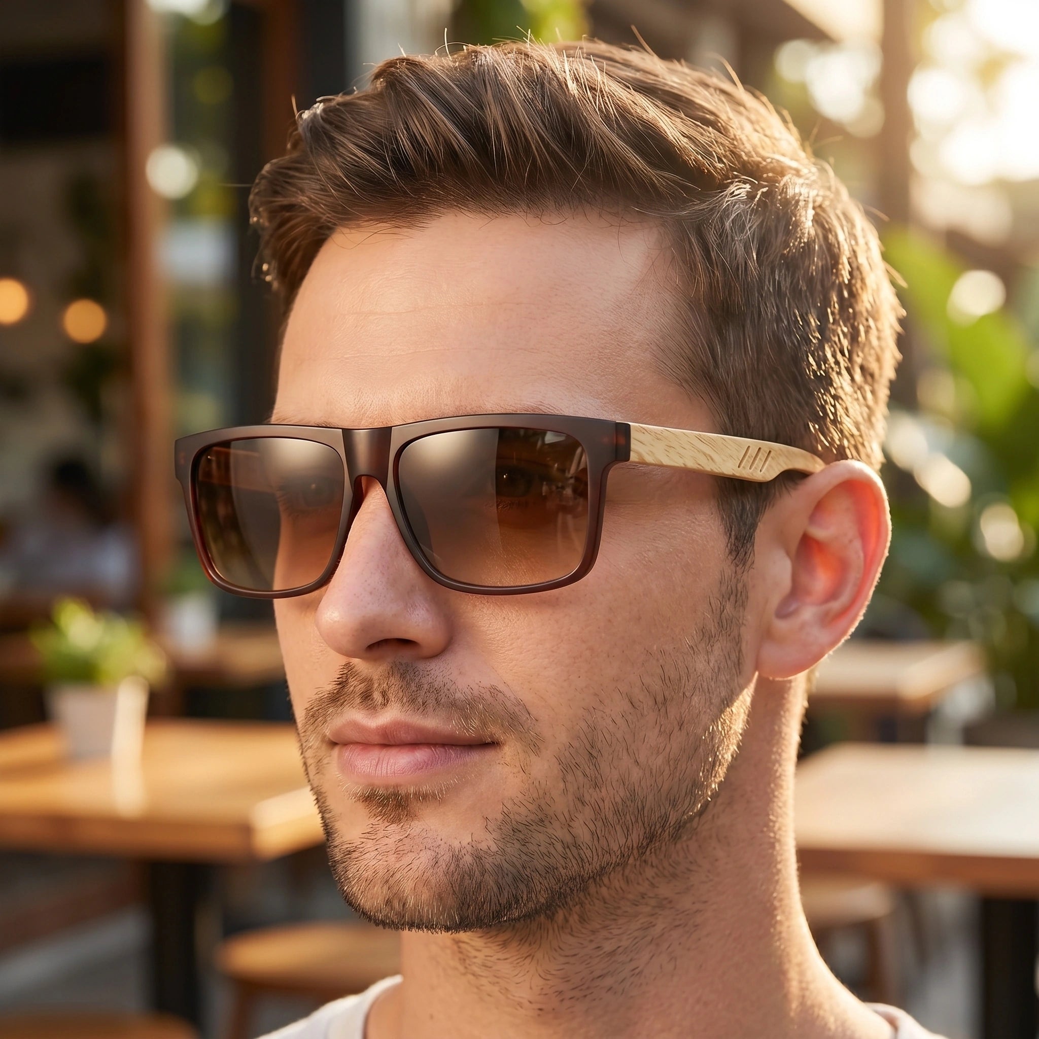 Close up of the vintage square frame sunglasses showing the polished finish and intricate stitching, set against a neutral background.