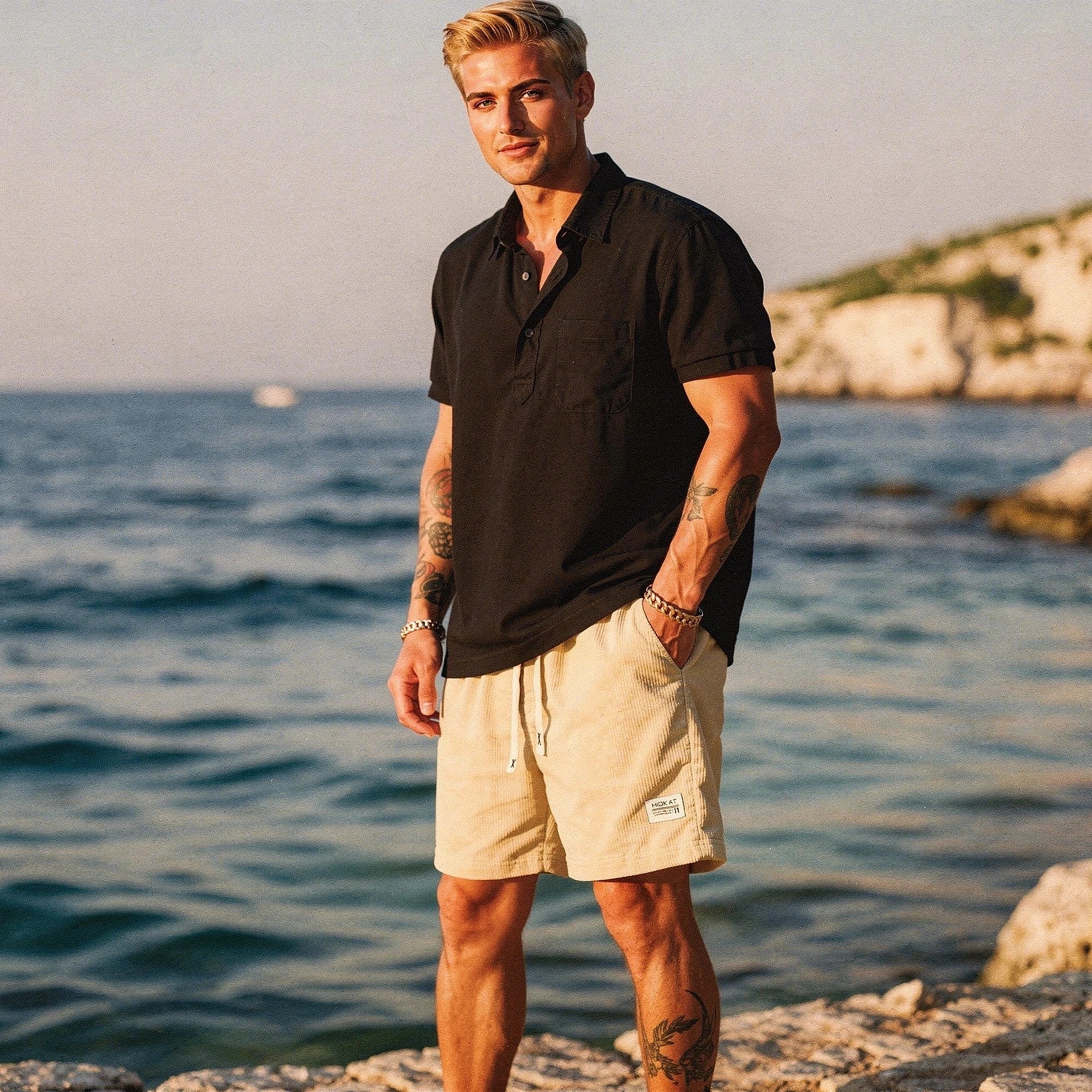 Light grey men's relaxed stretchy summer shorts featuring an elastic waistband and pockets, detailed view