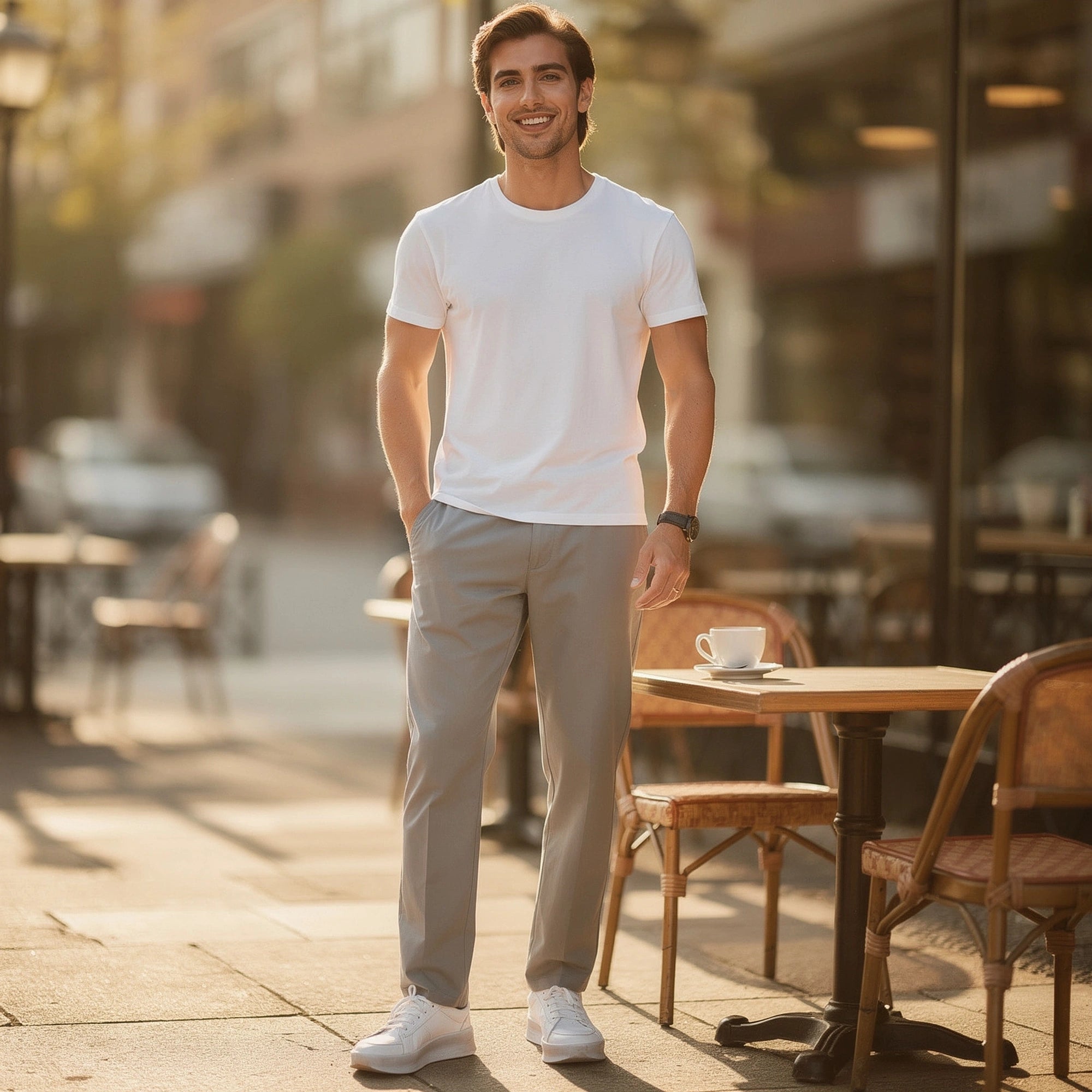 View of comfortable slim fit casual pants in light gray fabric, featuring a smooth texture and tailored design