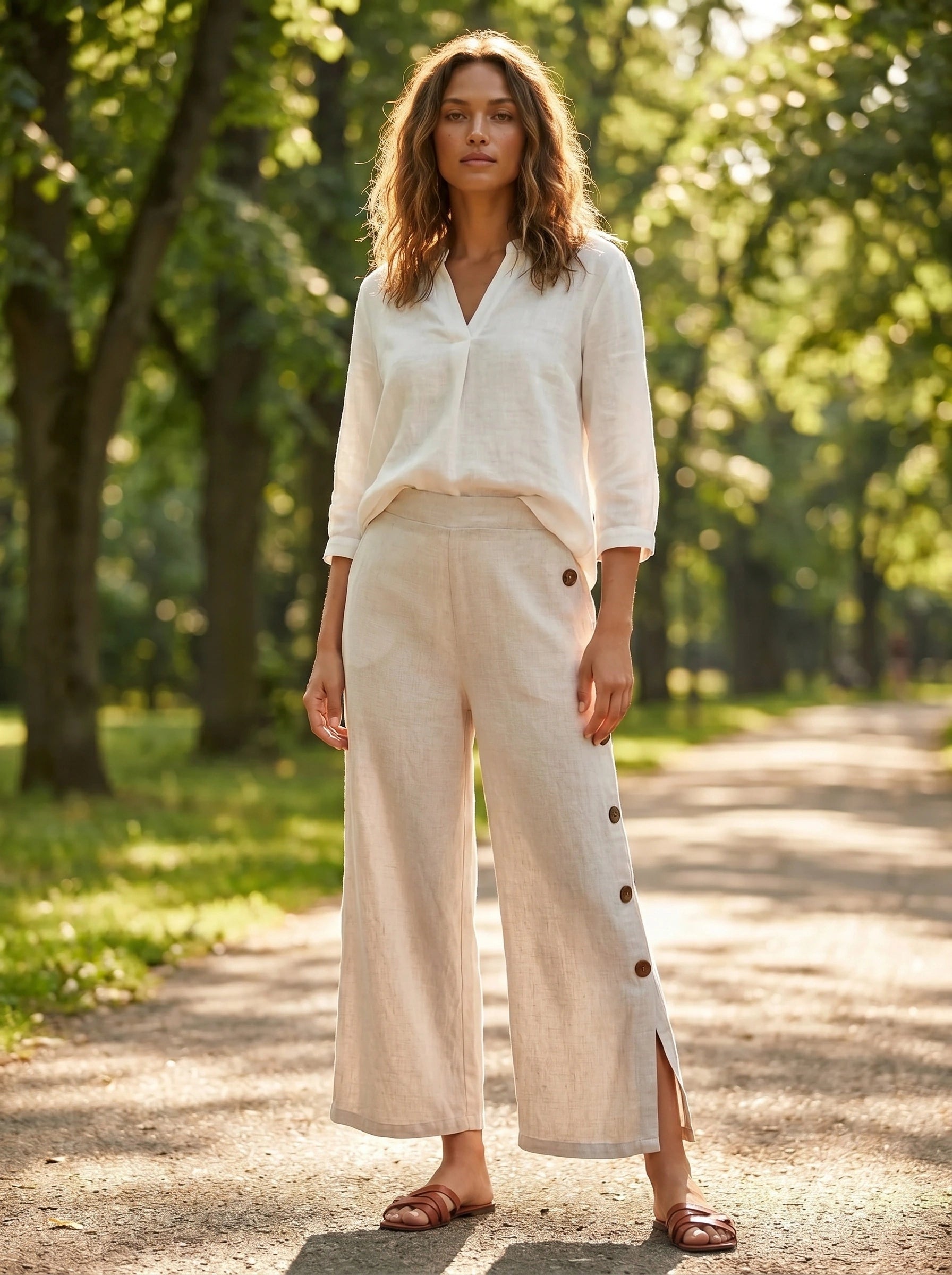 Model showcases the Womens Effortless Spring Trousers in a light beige color, styled with a complementary top against a soft pastel background.