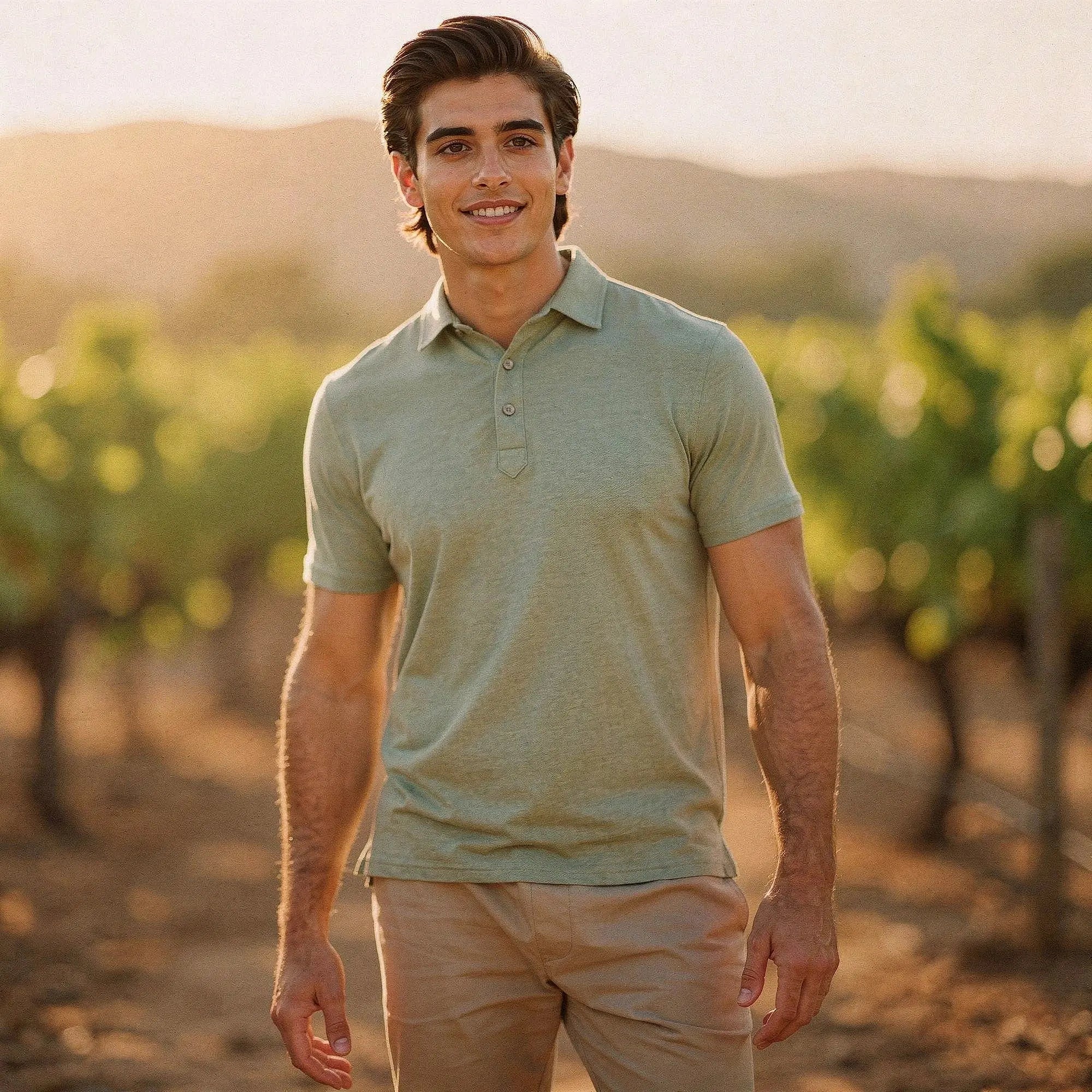 View of a slim fit crew neck polo shirt in light gray, featuring short sleeves and a smooth cotton blend fabric