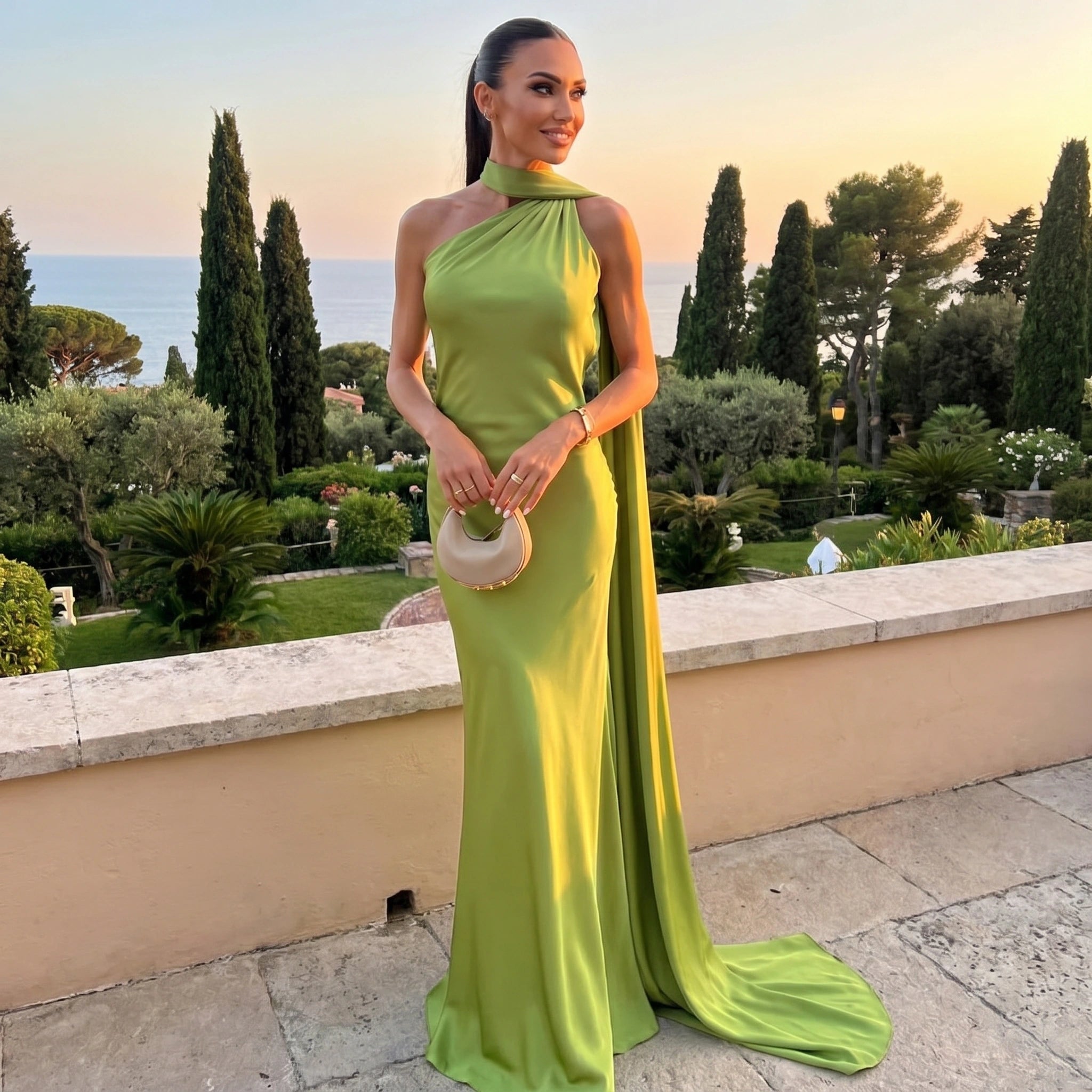 Close up view of the luxurious fabric and intricate stitching of the Womens Backless Summer Maxi Dress, showing its exquisite craftsmanship and design details.