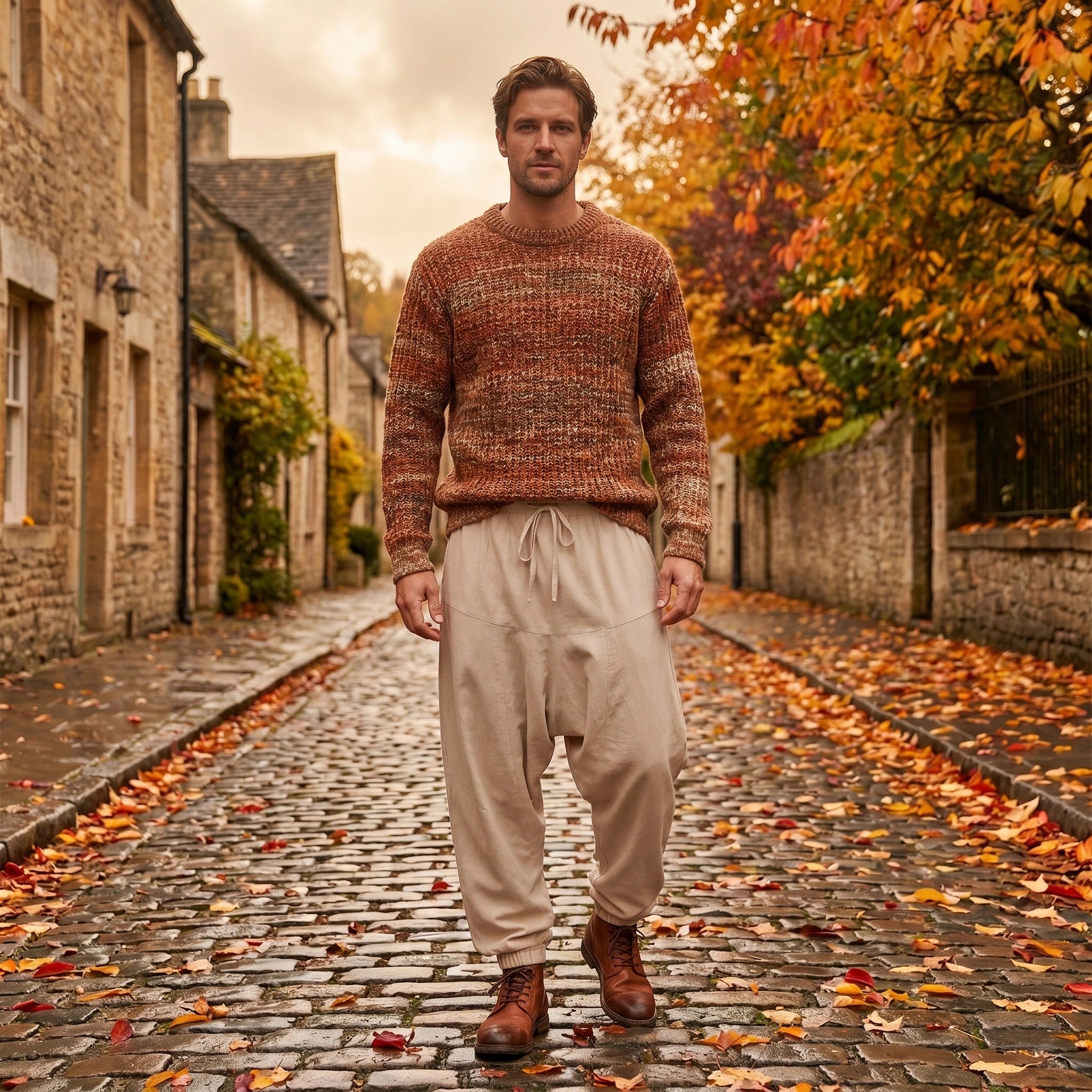 Model showcases men's cozy lightweight breathable linen joggers in a neutral color, paired with casual footwear against a minimalist urban backdrop.