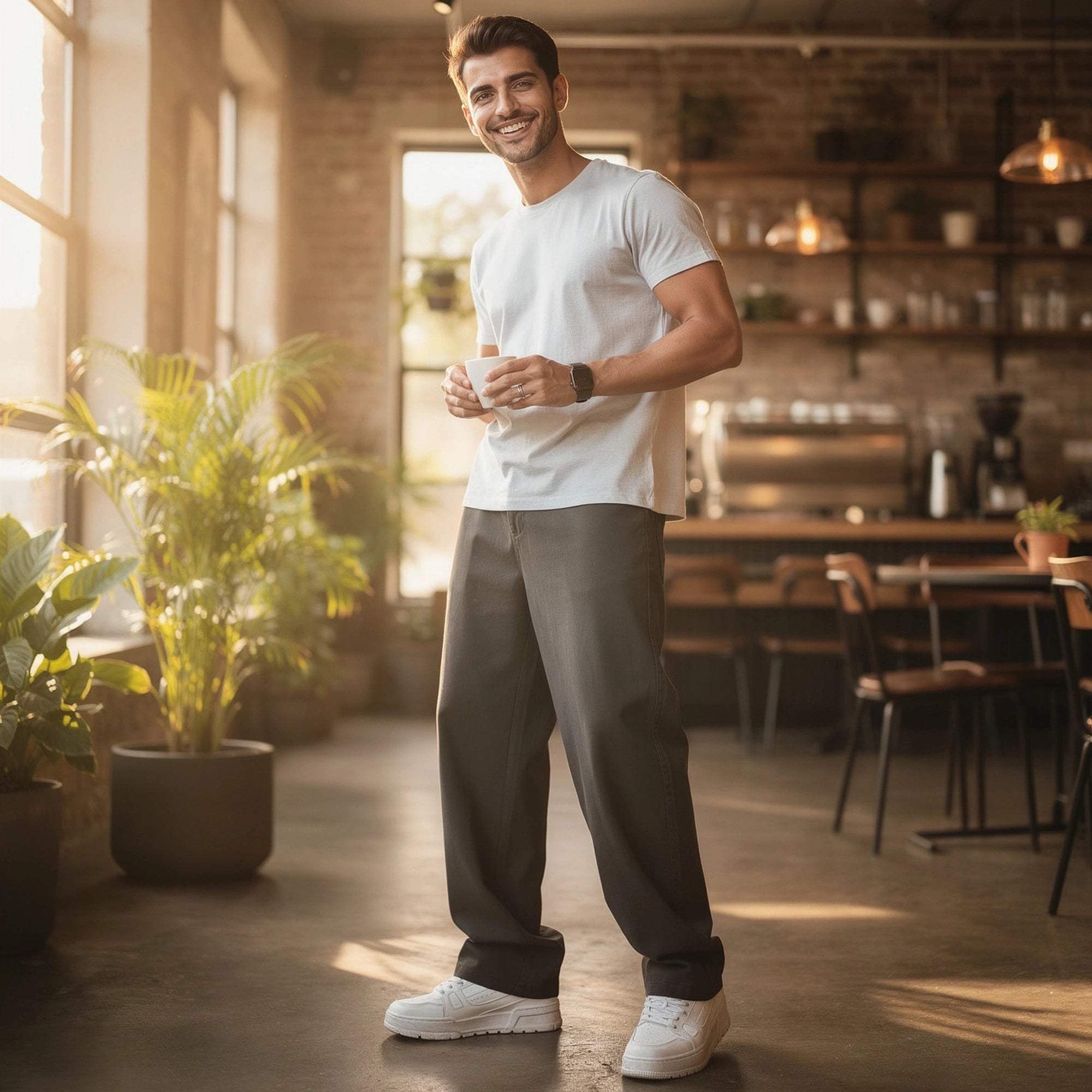 View of loose fit straight leg casual jeans in light blue denim, featuring a classic five pocket design and subtle stitching details