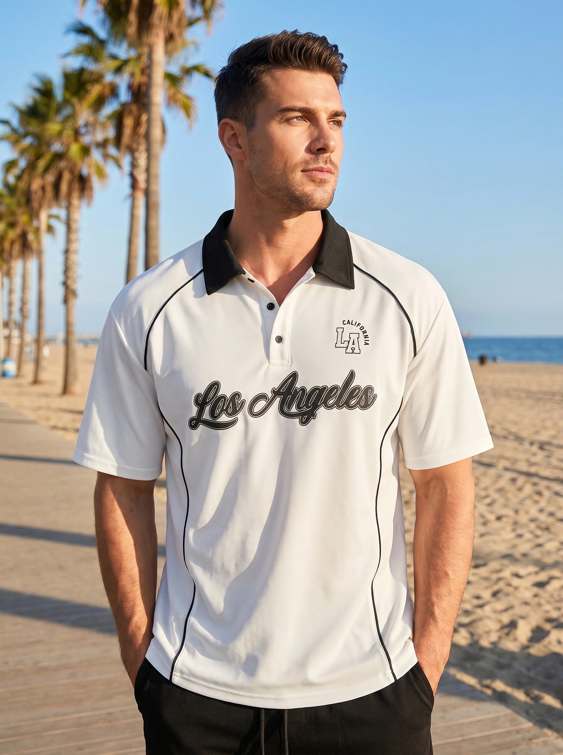 A model showcases the men's lightweight summer polo in a colorful, paired with casual shorts against a bright outdoor background.