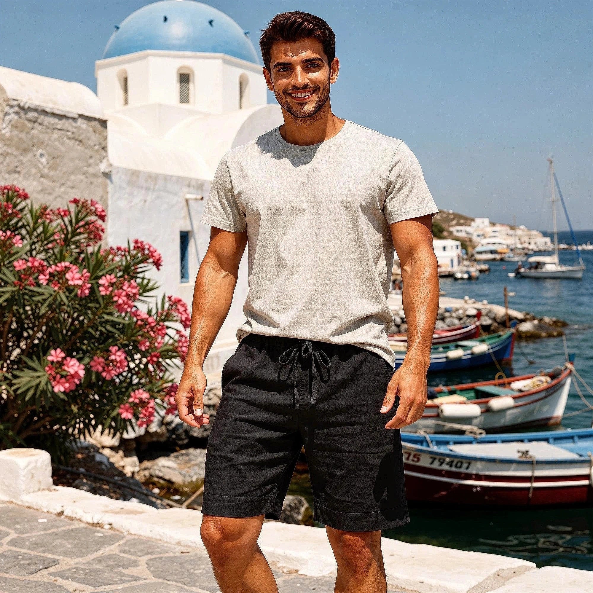 Lightweight casual shorts in light gray, featuring breathable fabric, pockets, and an elastic waistband, view