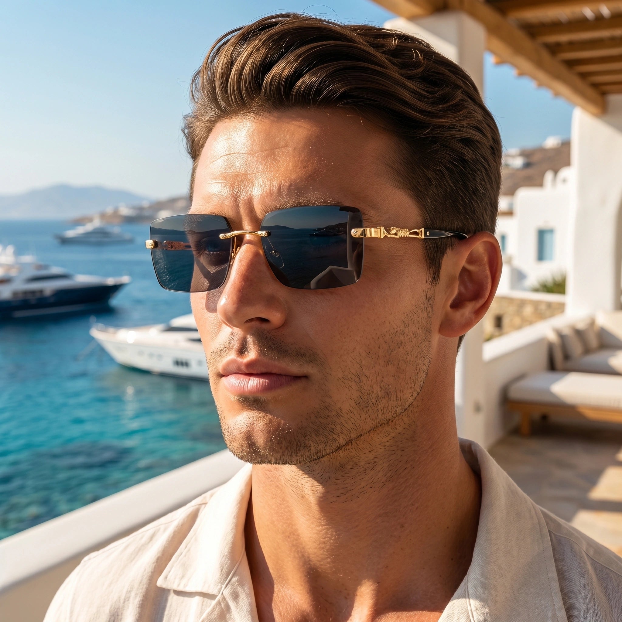 Back view of men's sleek summer sunglasses showing the refined construction details against a soft, neutral background, perfect for enhancing any summer outfit.