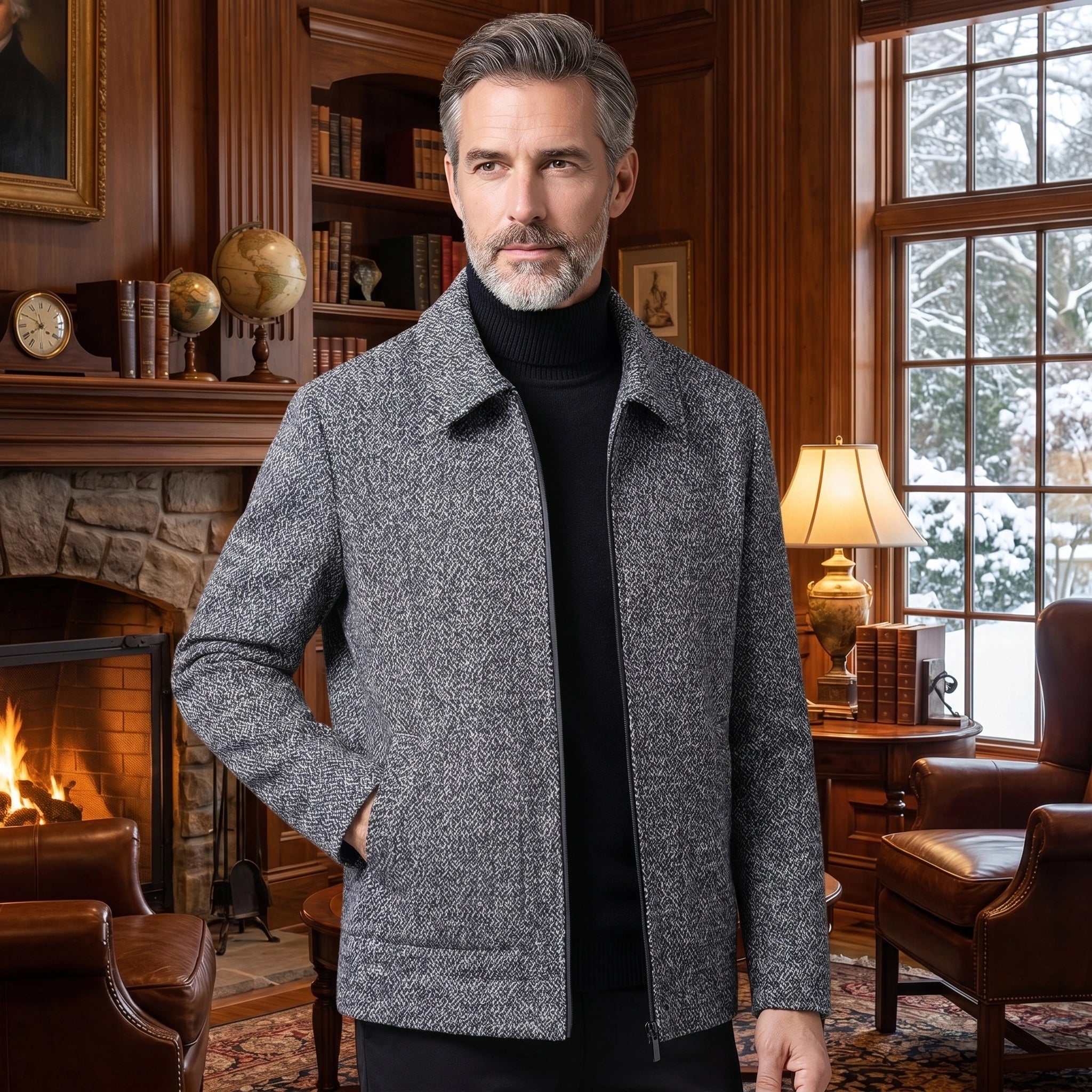 Front view of a model showing a mens sophisticated warm autumn jacket, styled with business casual attire, set against a neutral background.