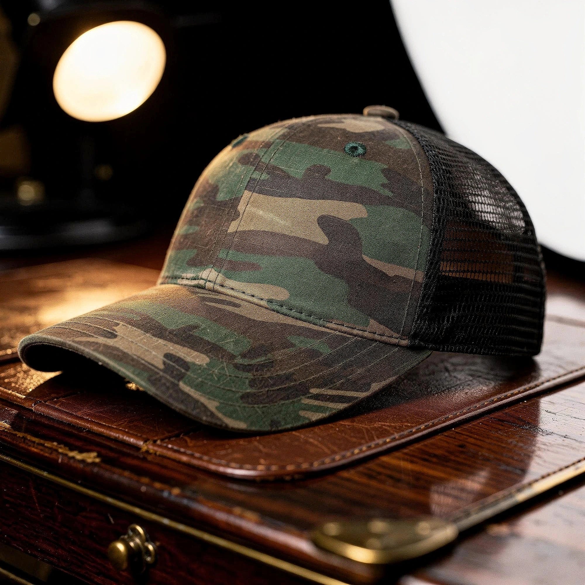 View of a relaxed vintage snapback cap in dark green, featuring a textured fabric and adjustable strap