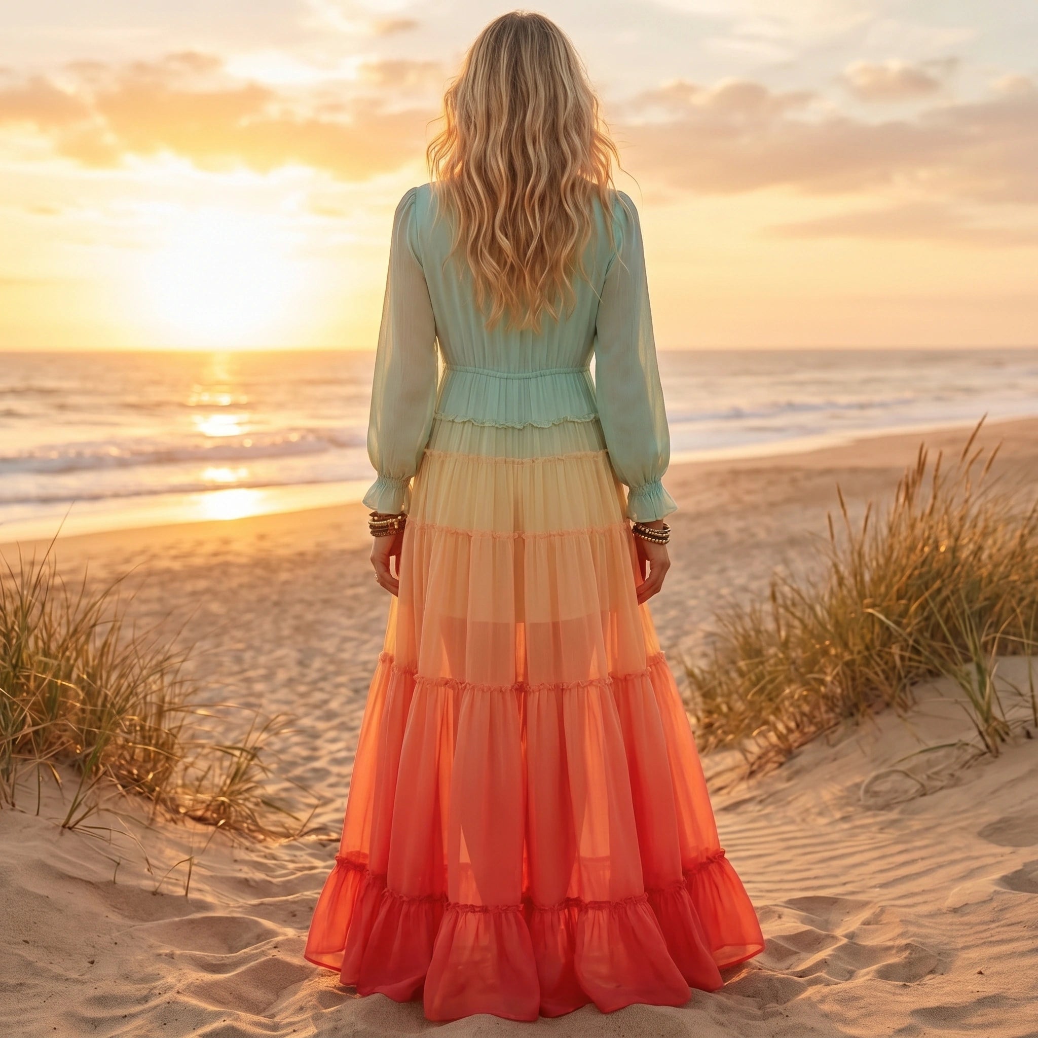Back view of a model wearing a flowing colorful summer maxi dress, showing intricate construction details and vibrant patterns against a soft, neutral background.