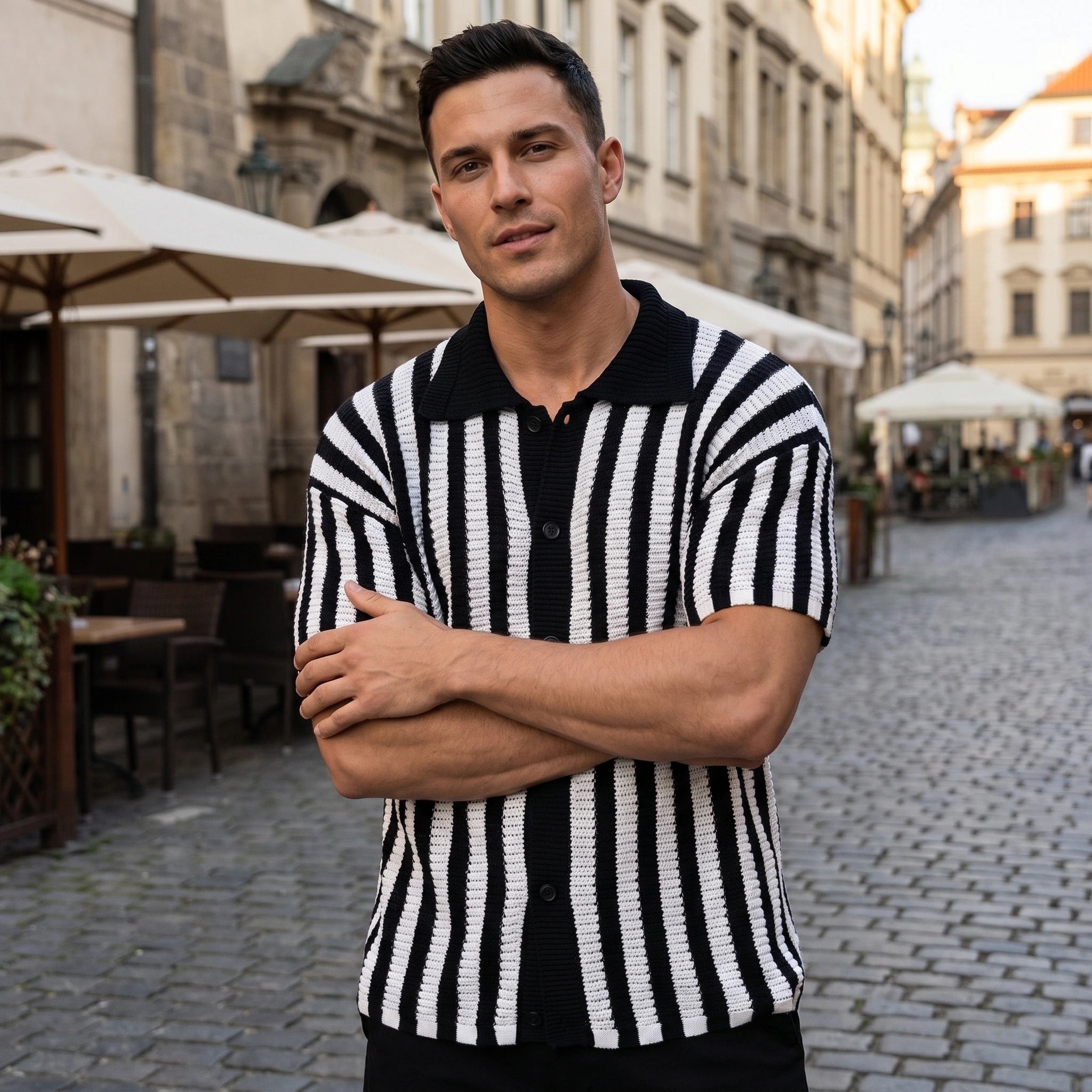 A model showcases a mens striped relaxed summer cardigan in a China Mainland palette, styled with complementary accessories against a neutral background.
