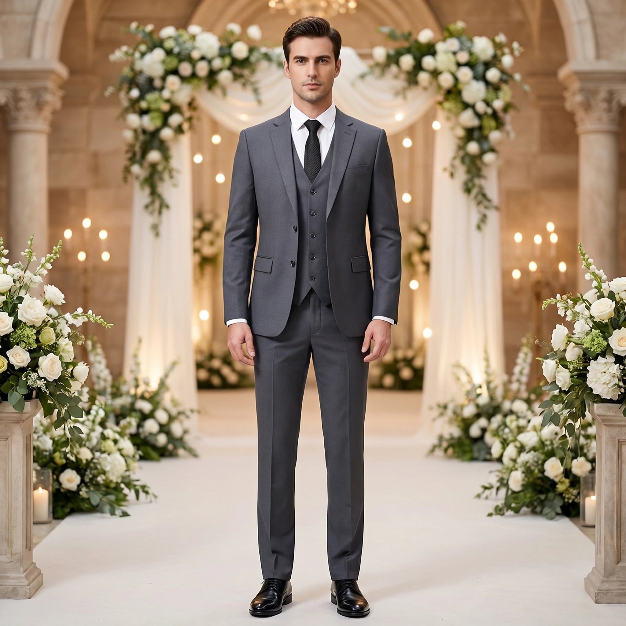 Close up of the men's tailored wedding suit showing the fine stitching and luxurious fabric texture against a neutral background.