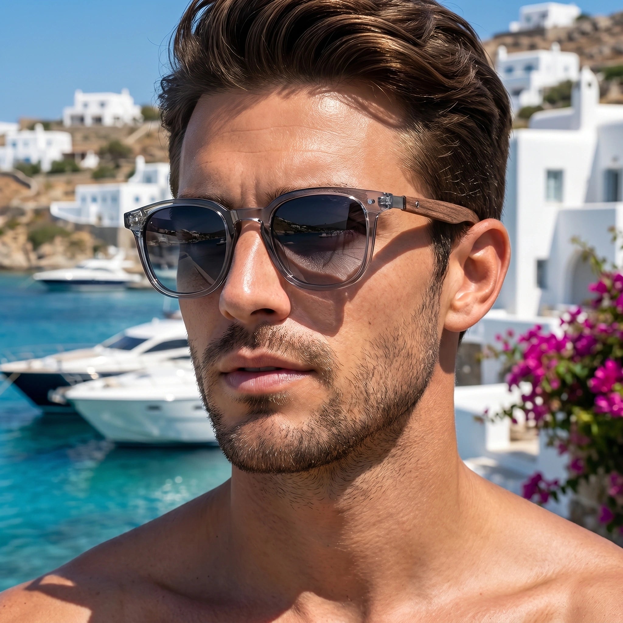 Back view of mens vintage classic square sunglasses showing the sleek frame design and premium construction details against a neutral background.