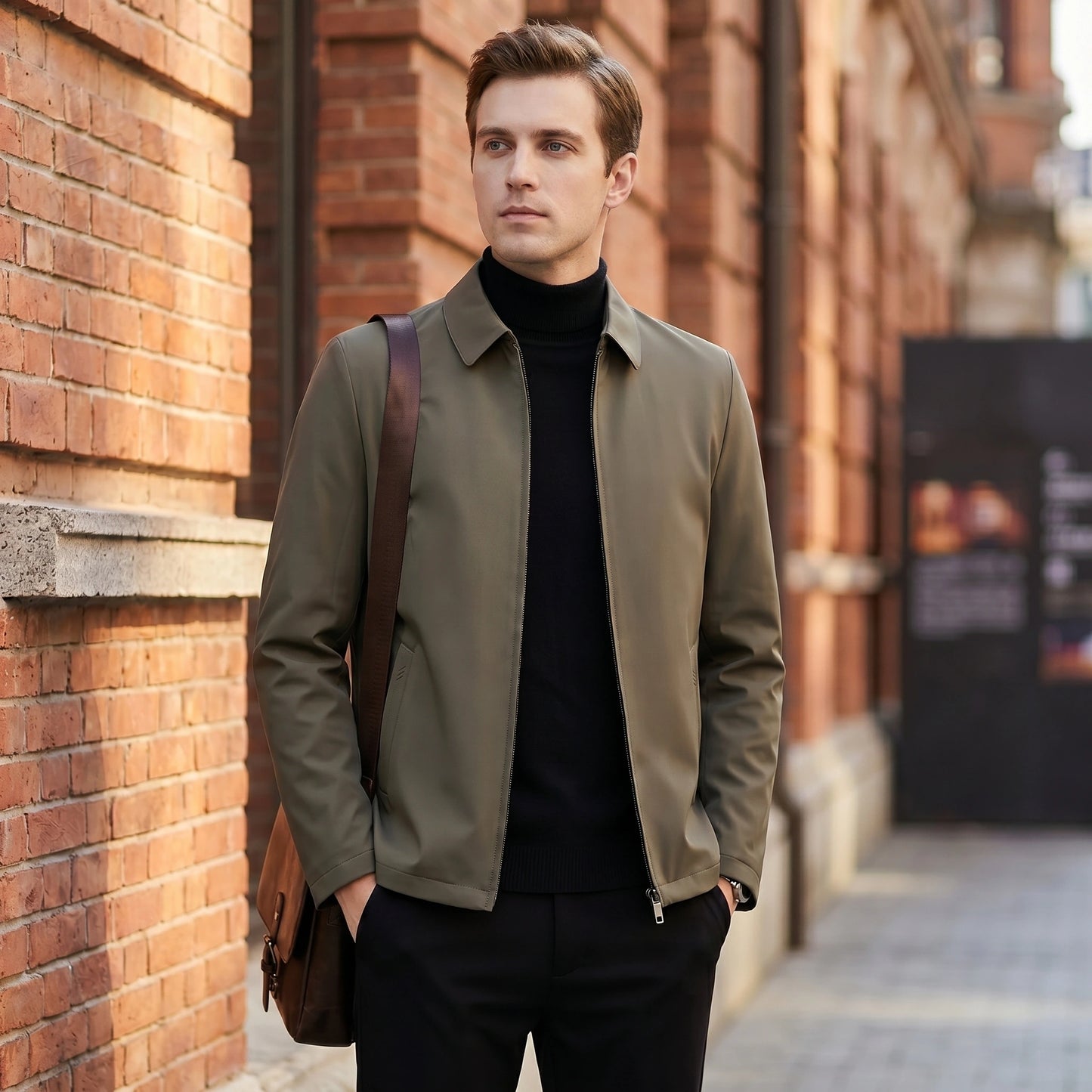 Close up view of the Men's Cozy Winter Jacket showing its luxurious fabric, intricate stitching, and refined details against a neutral background.