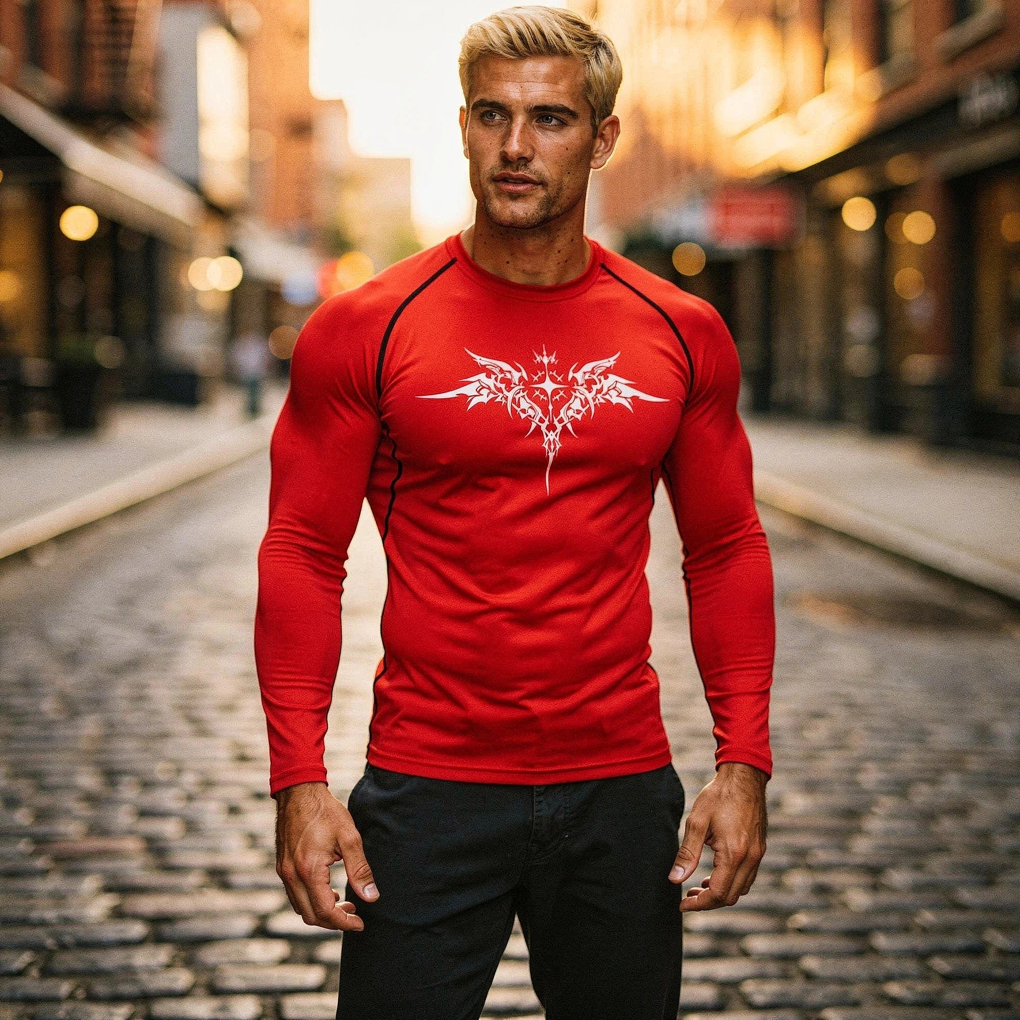 View of a black men's compression tee featuring quick drying fabric and a fitted design, showcasing stitching and texture