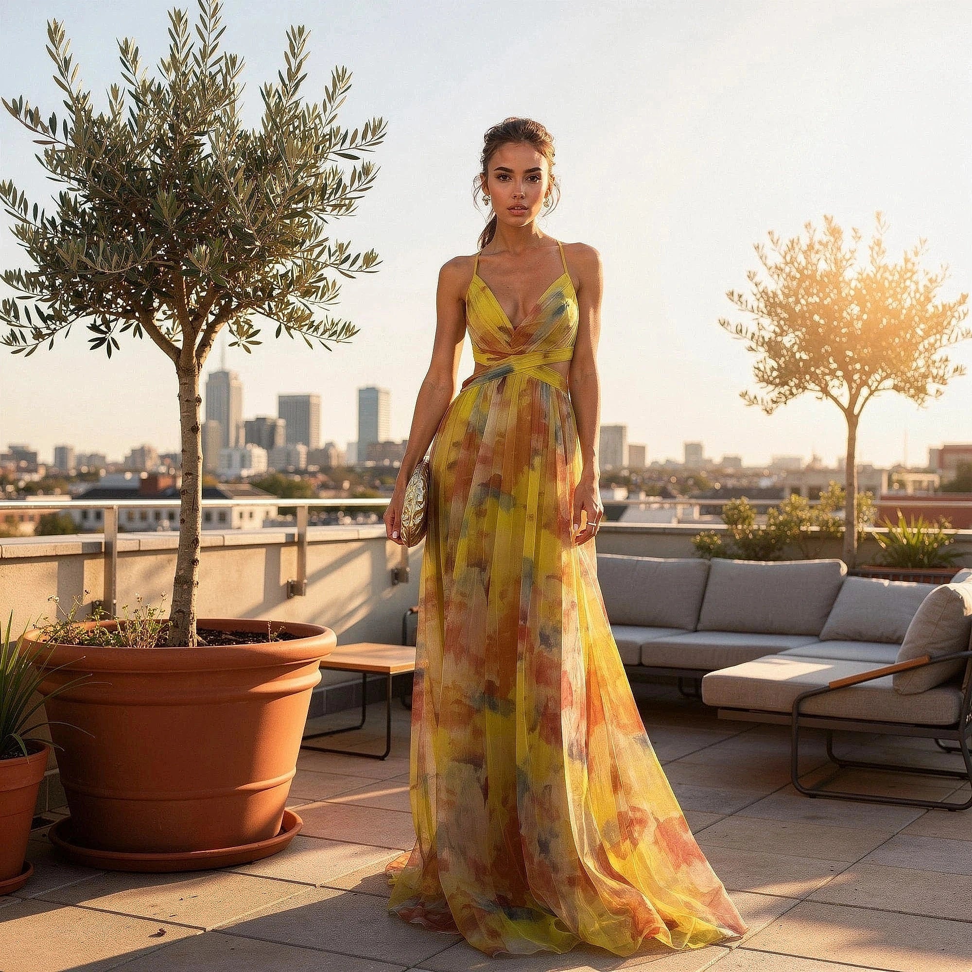 View of a relaxed floral maxi dress featuring adjustable straps, with a vibrant floral pattern on a soft fabric