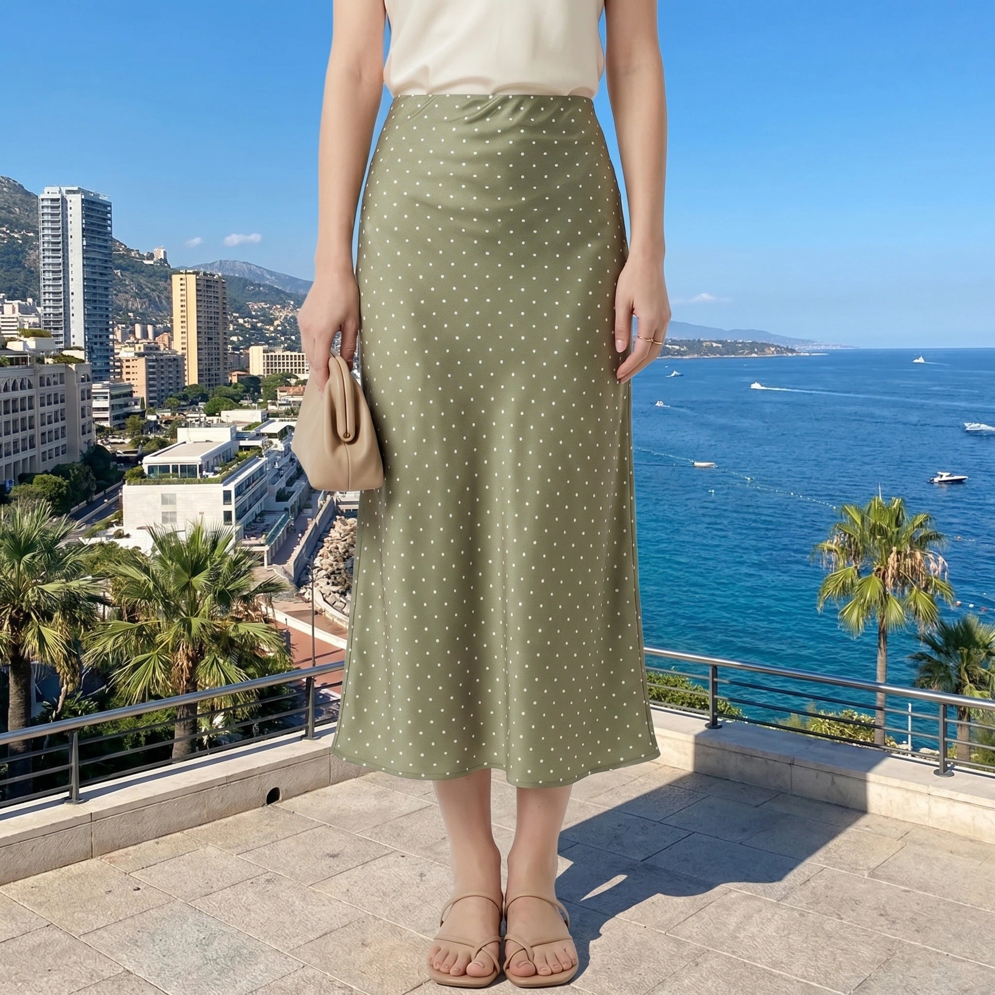 Close up view of the Womens Playful Polka Dot Spring Midi Skirt showing the vibrant polka dot pattern and high quality stitching for added elegance.