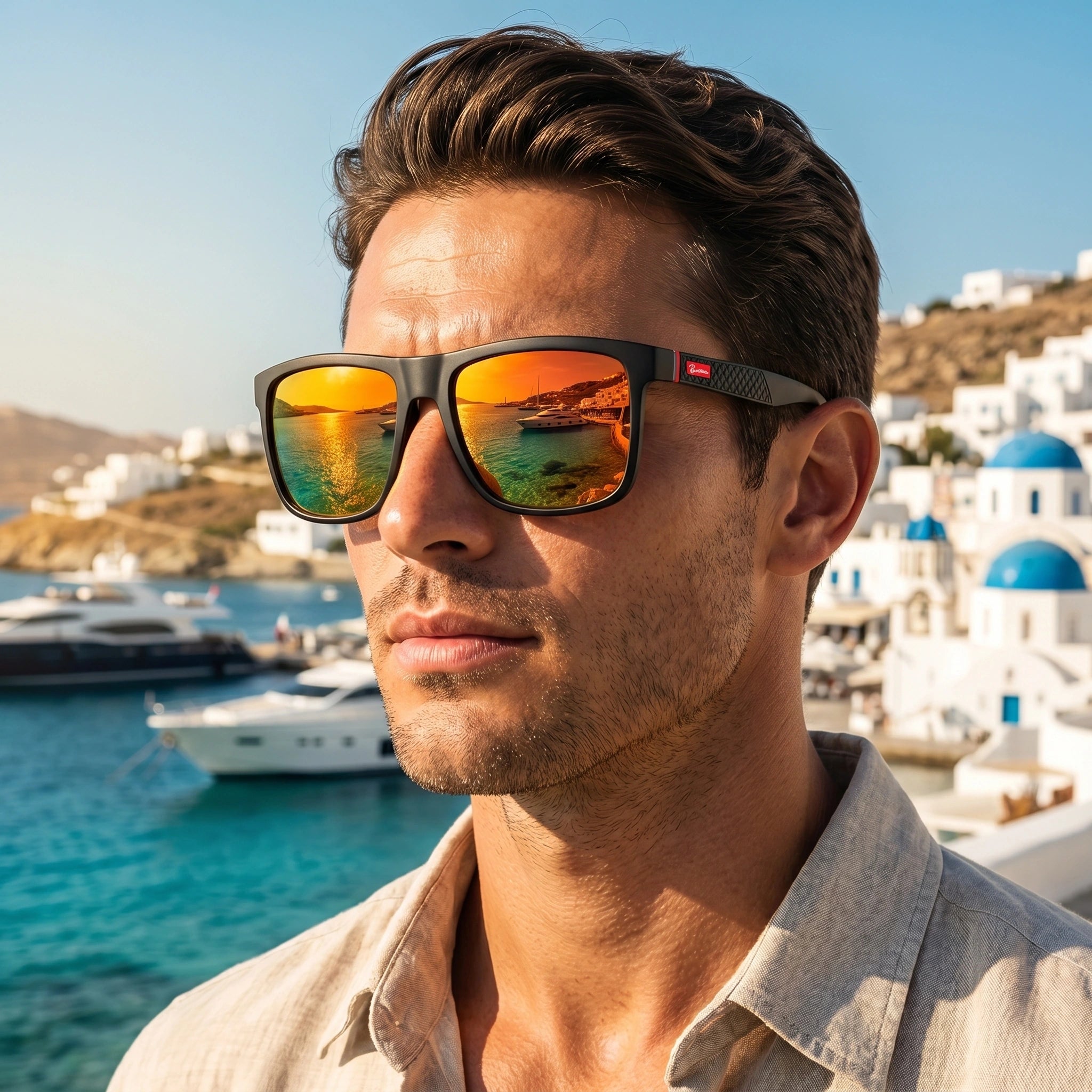 A model showcases men's polarized summer sunglasses, paired with a light colored short sleeve shirt and casual shorts against a vibrant outdoor background.