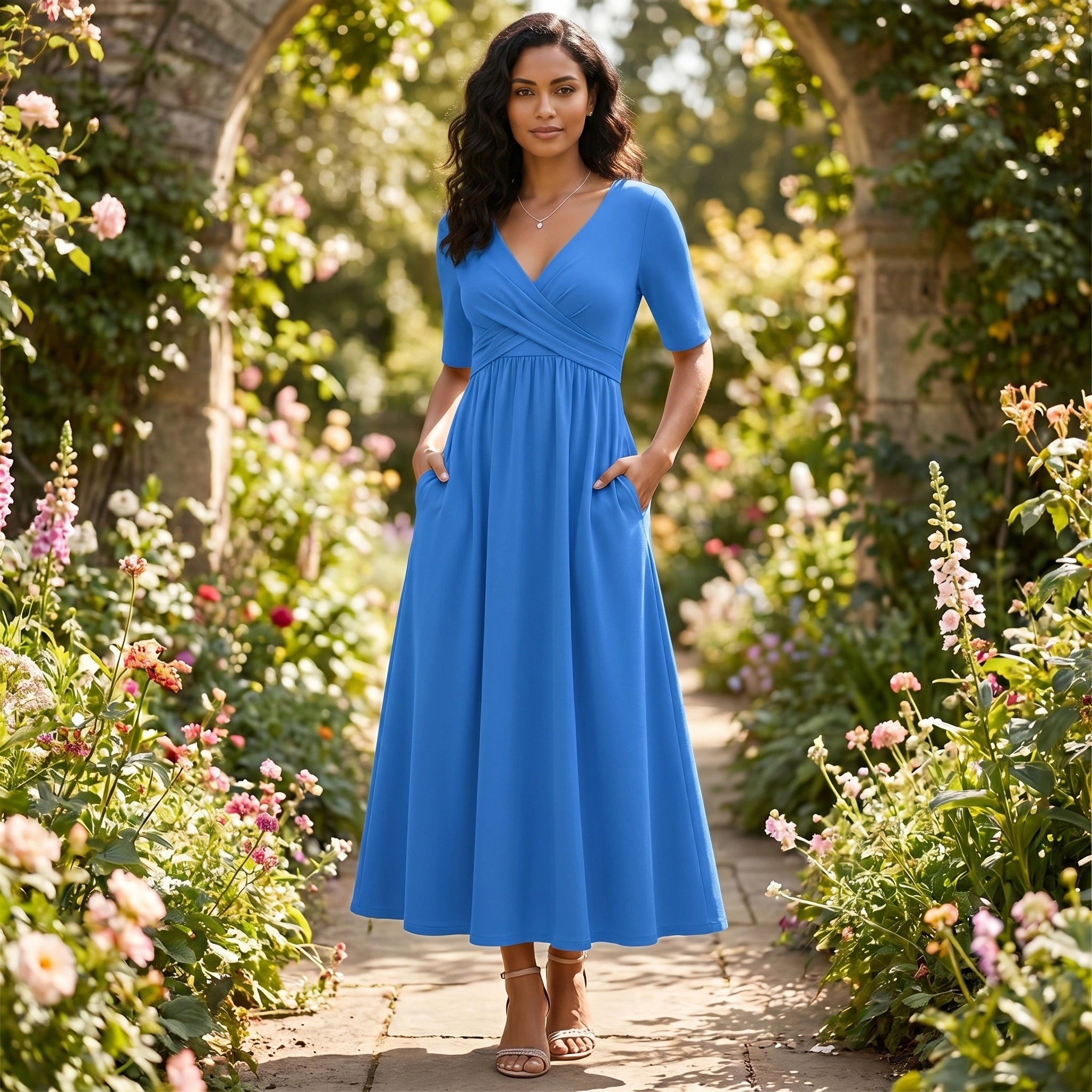 Close up view showing the luxurious fabric and intricate stitching of the Womens Flattering Midi Dress in a rich hue, perfect for everyday elegance.
