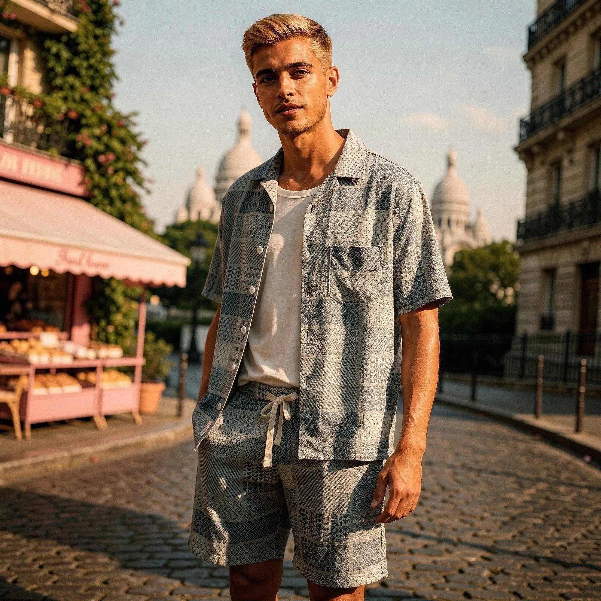 Light blue short sleeve button up resort shirt featuring a relaxed fit, collar, and subtle texture, view