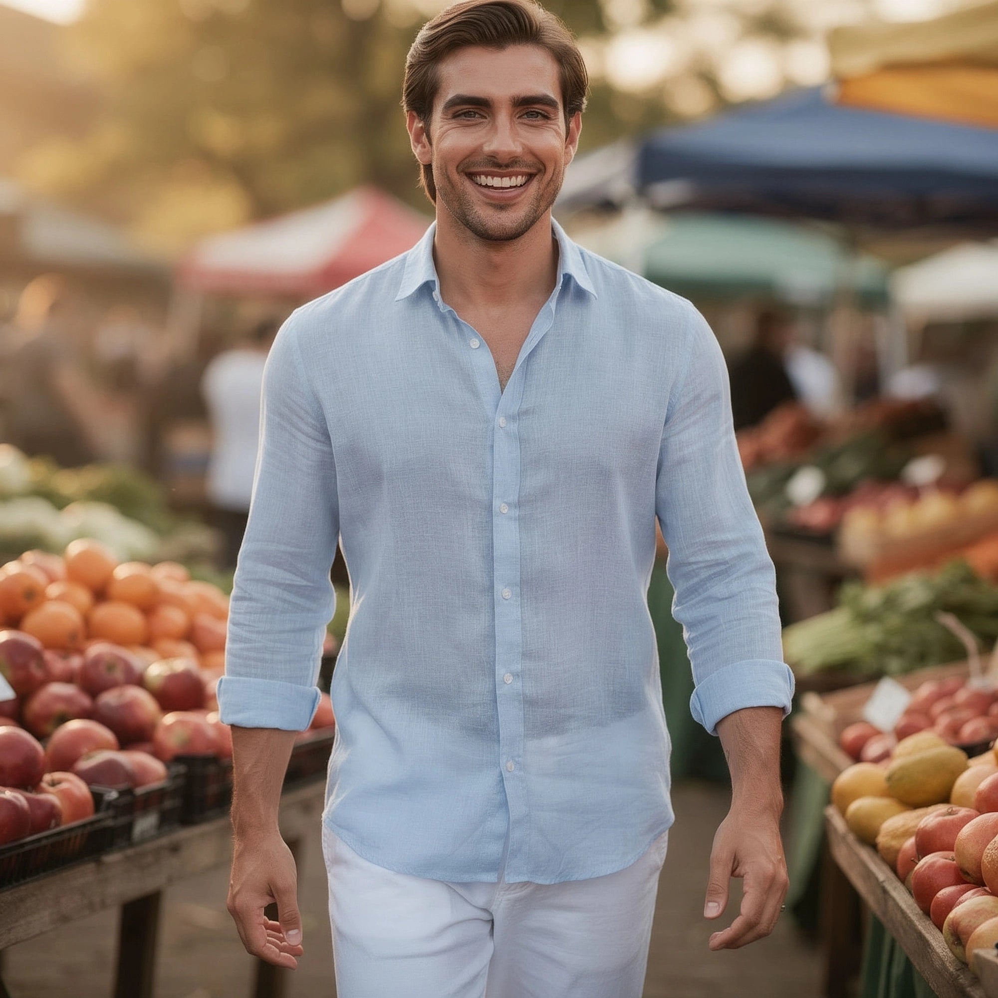 Light blue casual relaxed button up shirt made of soft cotton, featuring a view with short sleeves and a relaxed fit