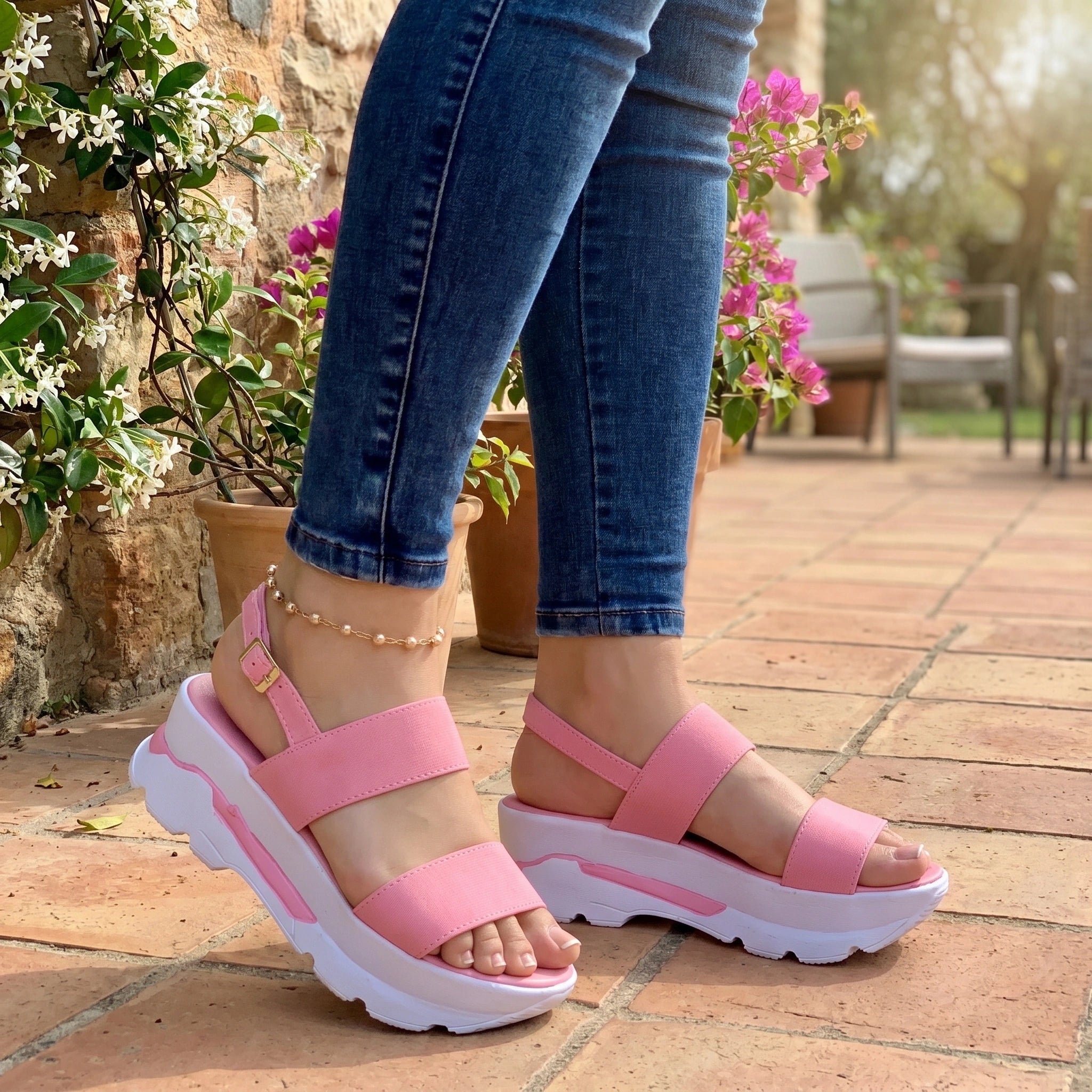 Back view of a model wearing Womens Low Platform Summer Sandals in a neutral tone, showing the construction and comfortable design against a light, outdoor background.