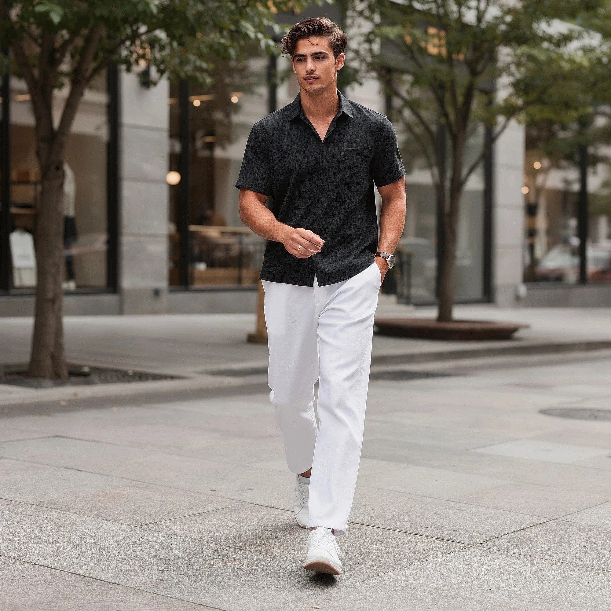 Light blue relaxed fit short sleeve shirt made of soft cotton, featuring a button down collar and chest pocket, view