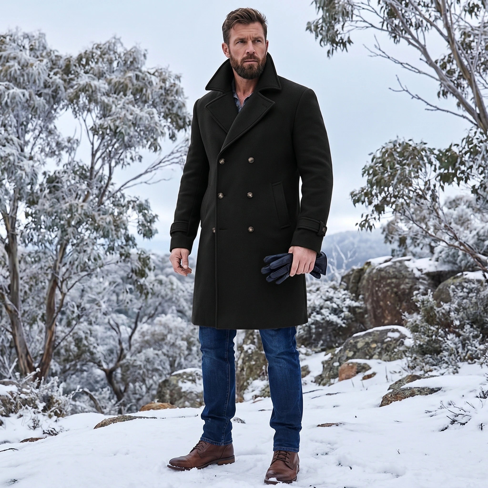 Close up view of the mens structured double breasted winter coat showing the rich fabric texture, precise stitching, and tailoring details against a neutral background.