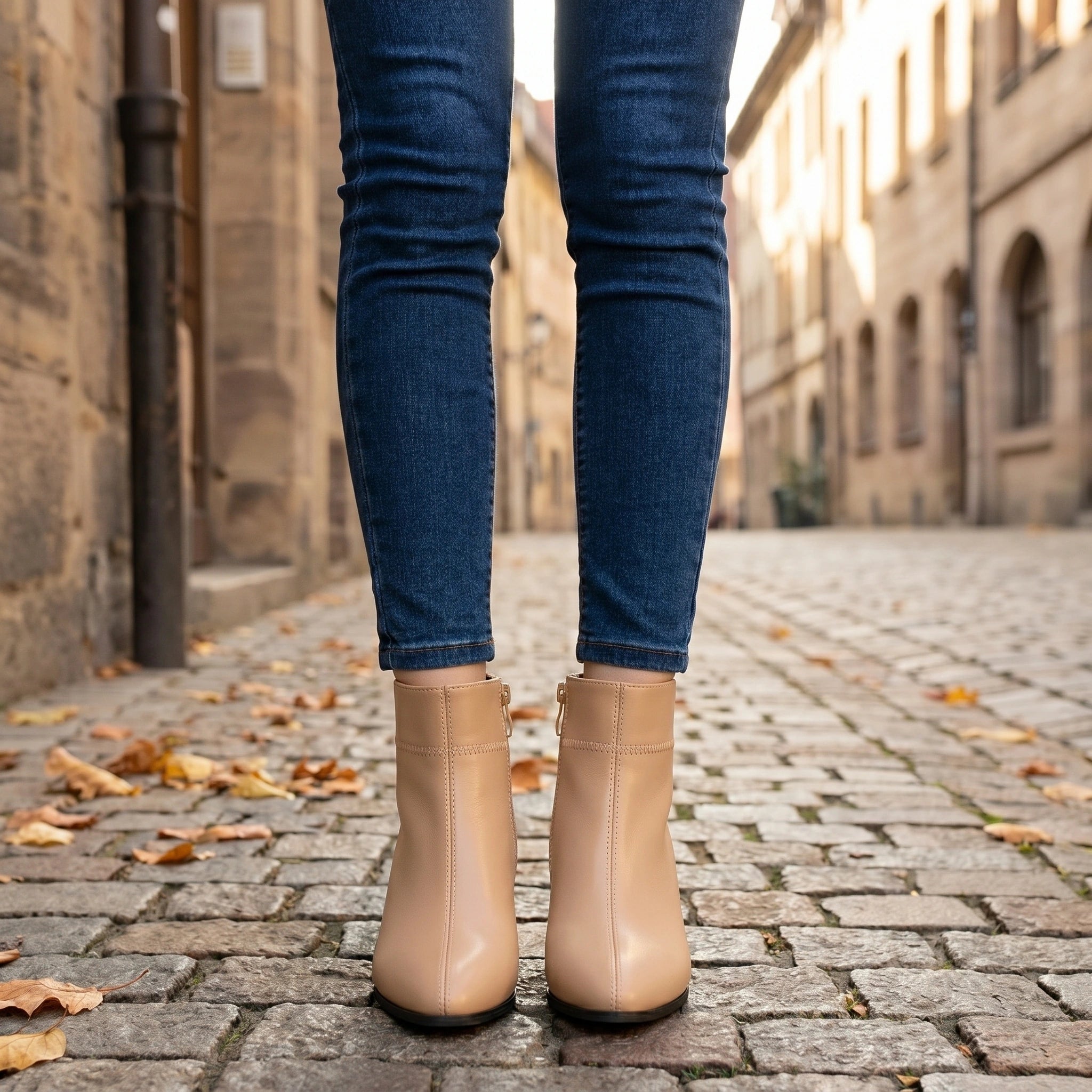 Model showing Womens Sleek Ankle Boots in black, paired with a tailored outfit against a minimalist backdrop, showing their versatile style for office and casual wear.