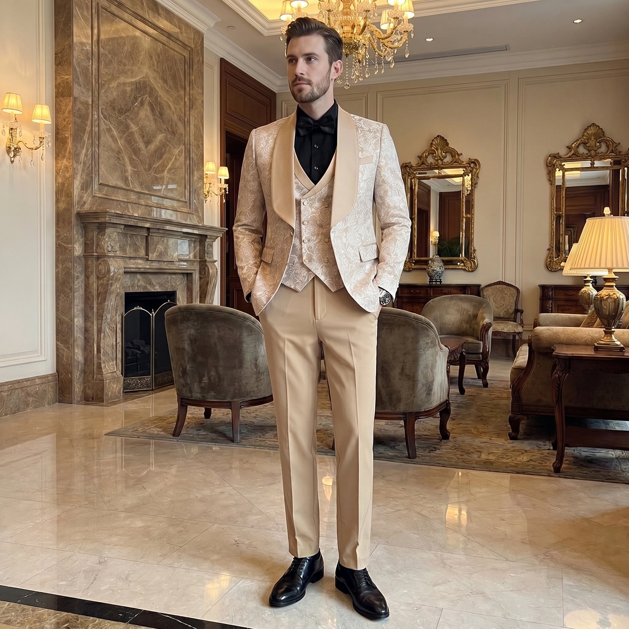 Close up view of the Mens Slim Four Seasons Suit showing fine fabric texture, precise stitching, and sophisticated detailing against a neutral background.