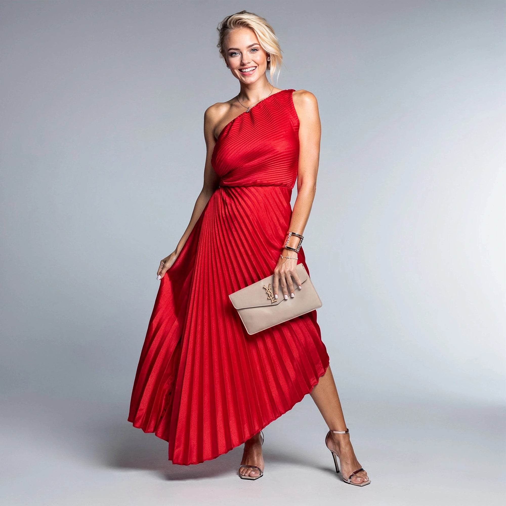 View of an elegant pleated maxi dress in soft lavender, featuring delicate straps and flowing fabric