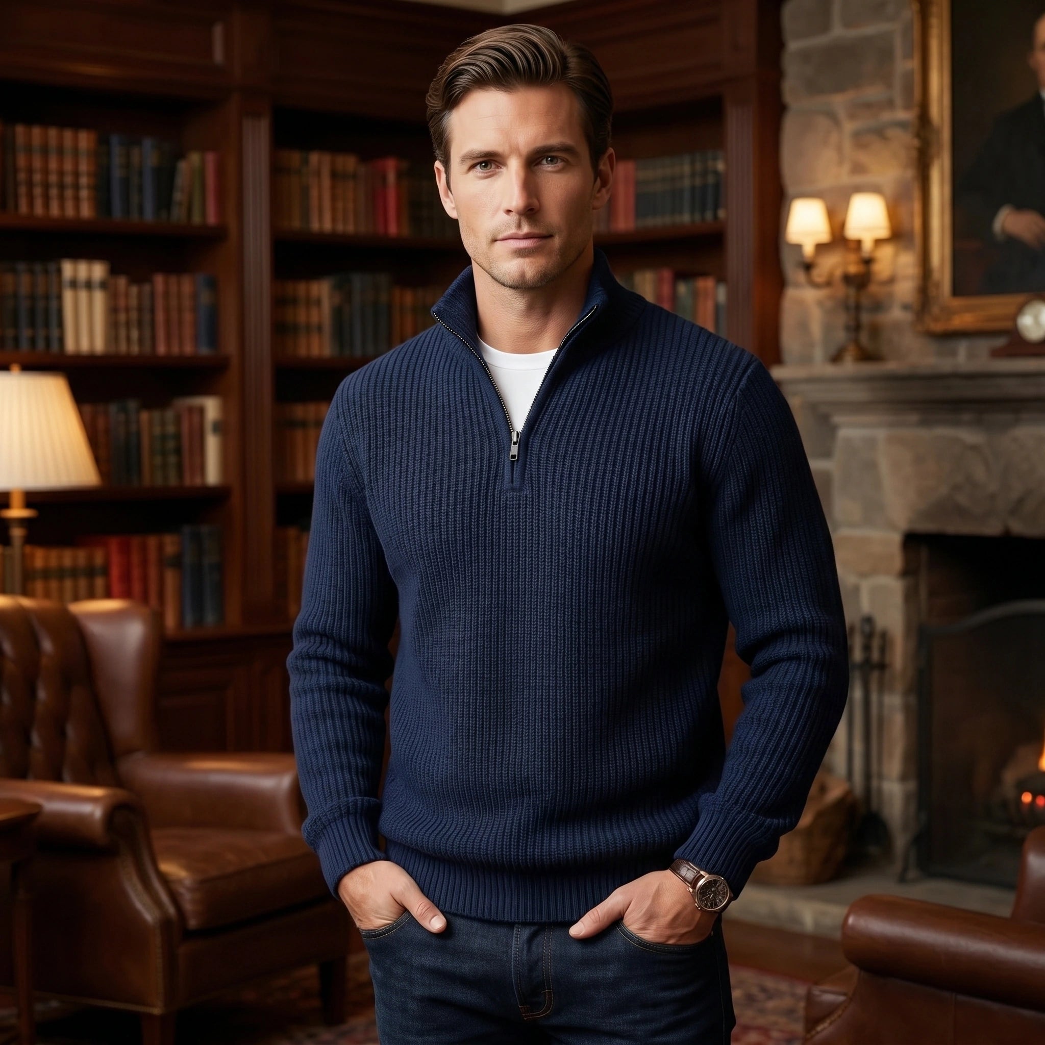 Close up view of the Mens Refined Quarter Zip Sweater showing its soft fabric texture, fine stitching, and sophisticated collar design.