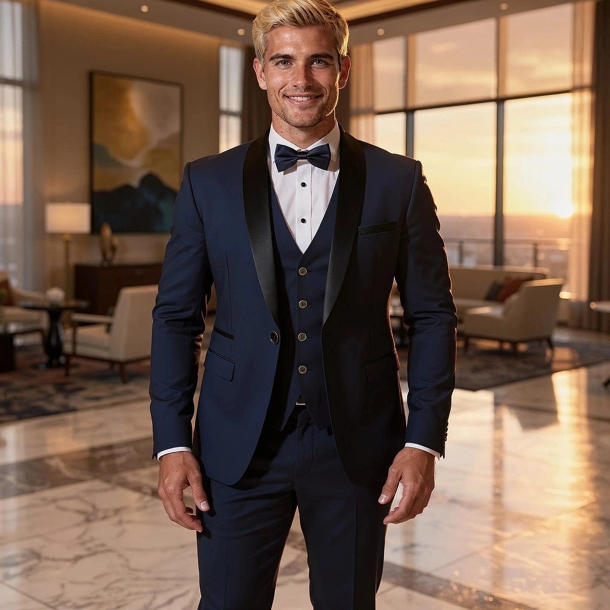 View of a tailored suit set in dark gray fabric, featuring a slim fit, notch lapels, and matching trousers