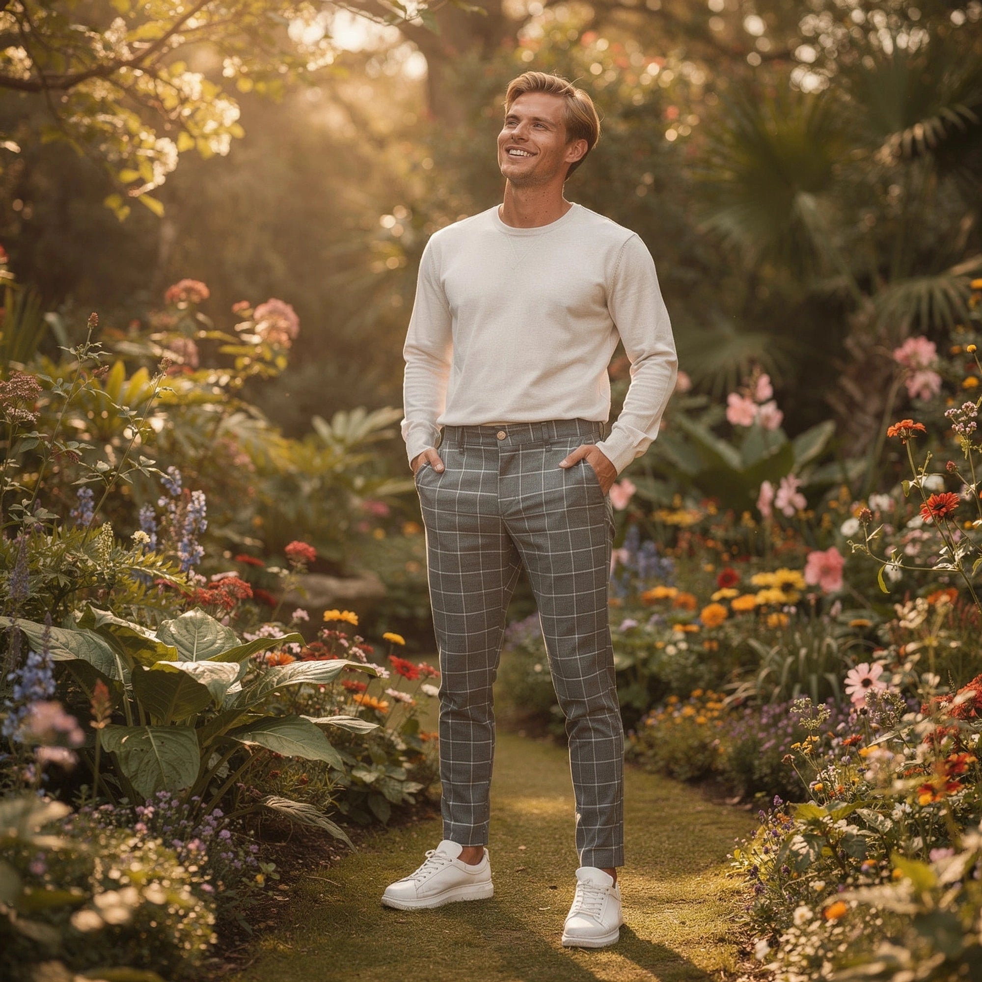 View of modern tailored tapered trousers in charcoal gray fabric, featuring a sleek silhouette and pockets