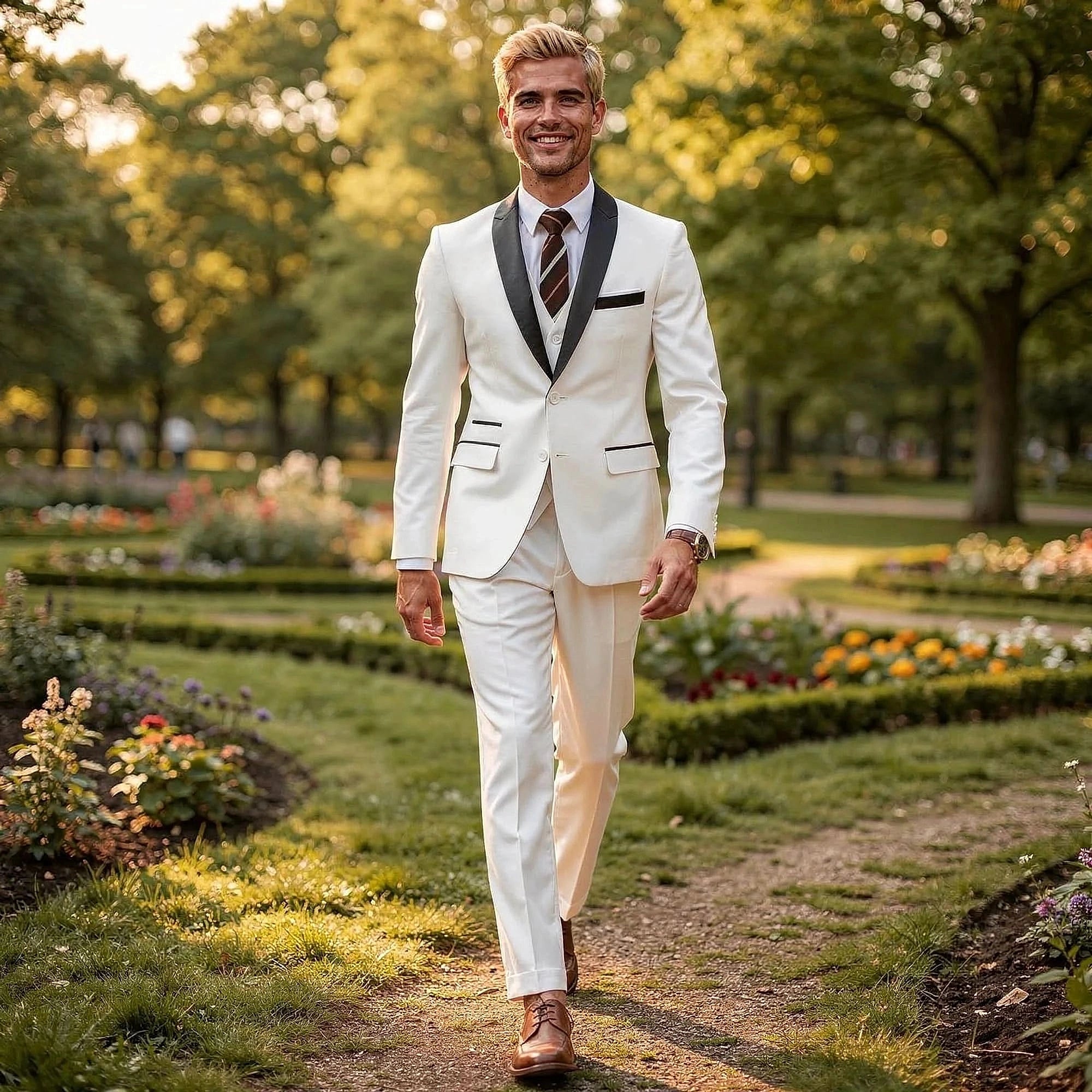View of a tailored three piece suit set in charcoal gray, featuring a slim fit jacket, matching trousers, and a vest