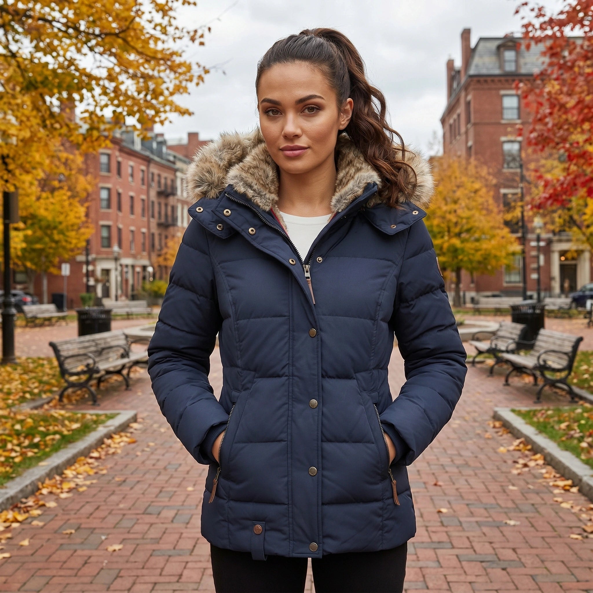 Close up view of the Womens Fitted Winter Puffer Jacket showing the textured fabric, precise stitching, and sleek design details perfect for winter layering.