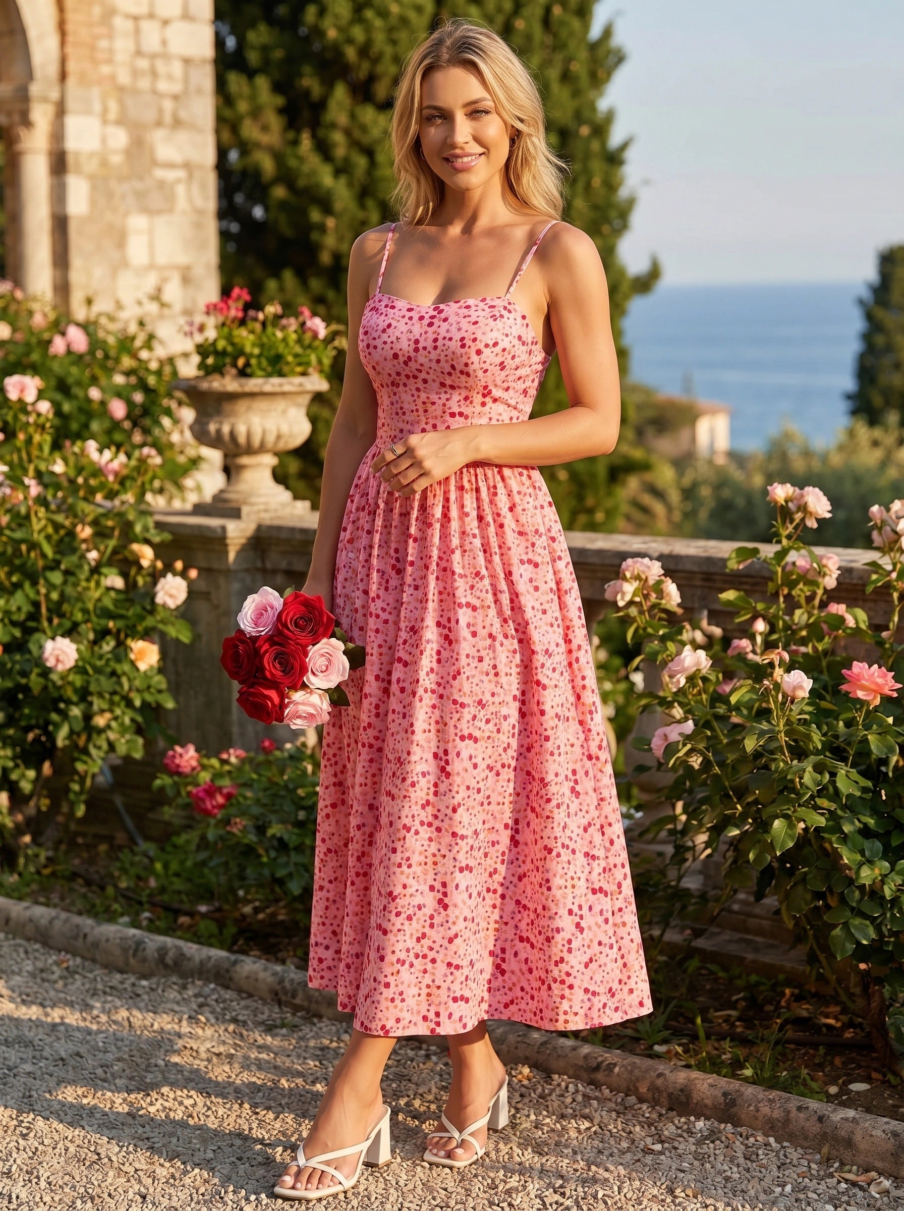 Close up view of the Womens Effortless Charming Summer Dress showing its lightweight fabric, delicate stitching, and vibrant floral pattern, perfect for casual vacations.