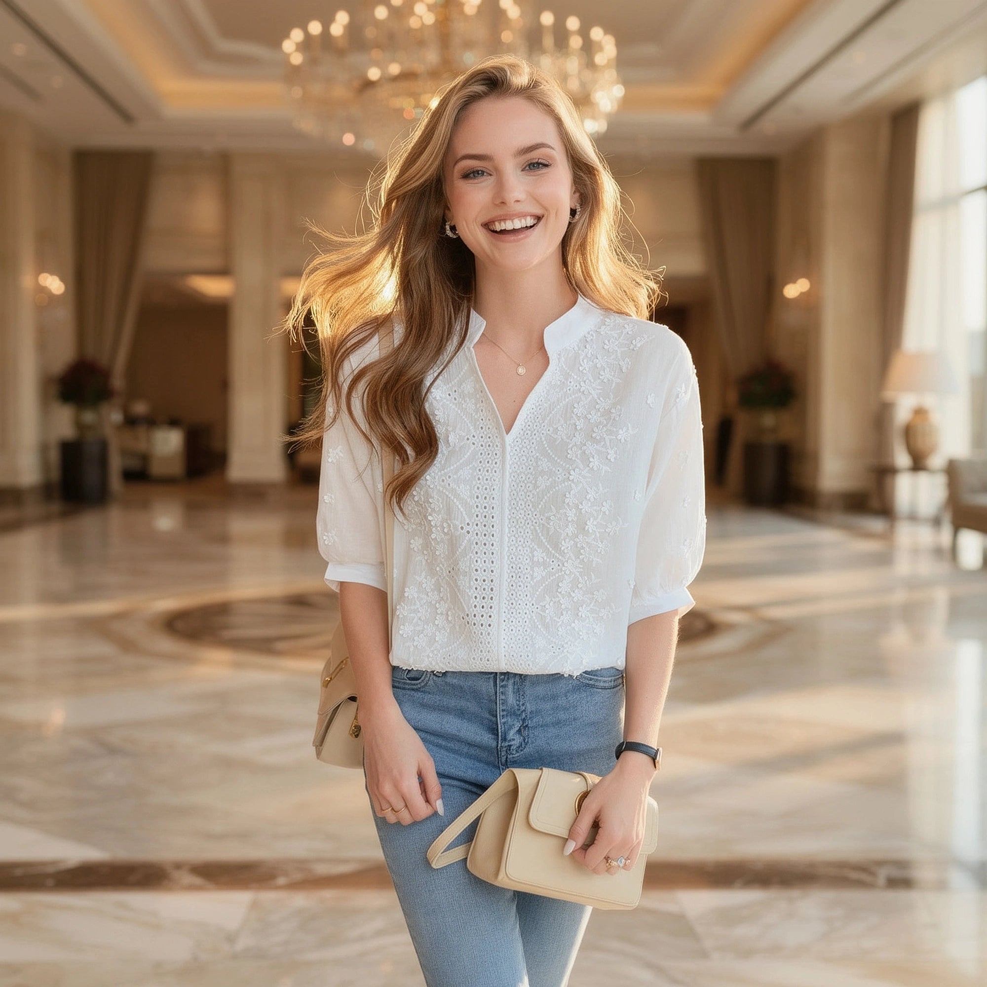 View of a light beige blouse featuring a V neckline and puff sleeves, made