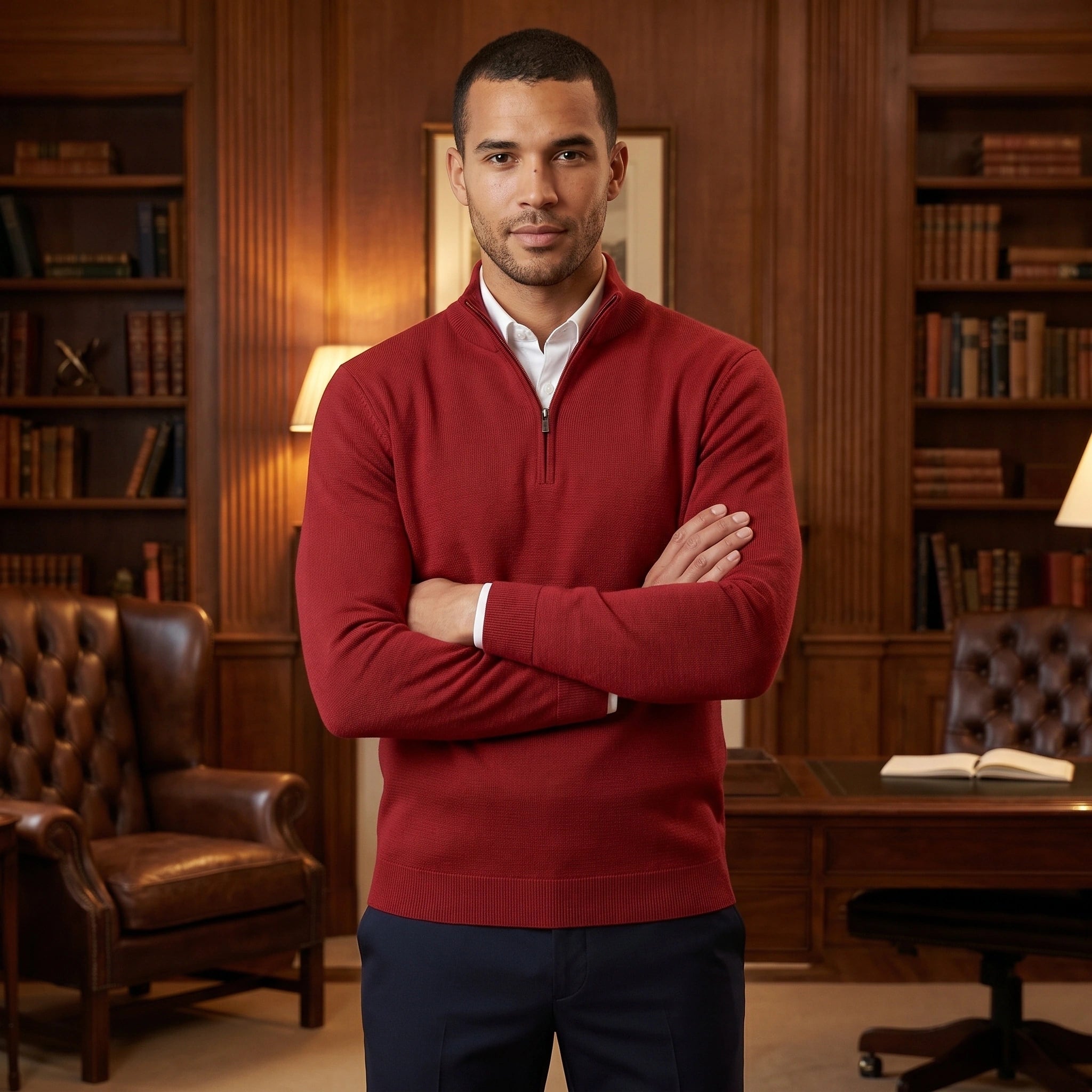 A model showcases a men's fitted quarter zip sweater with a mock neck in a neutral color, styled with tailored pants against a minimalist backdrop.